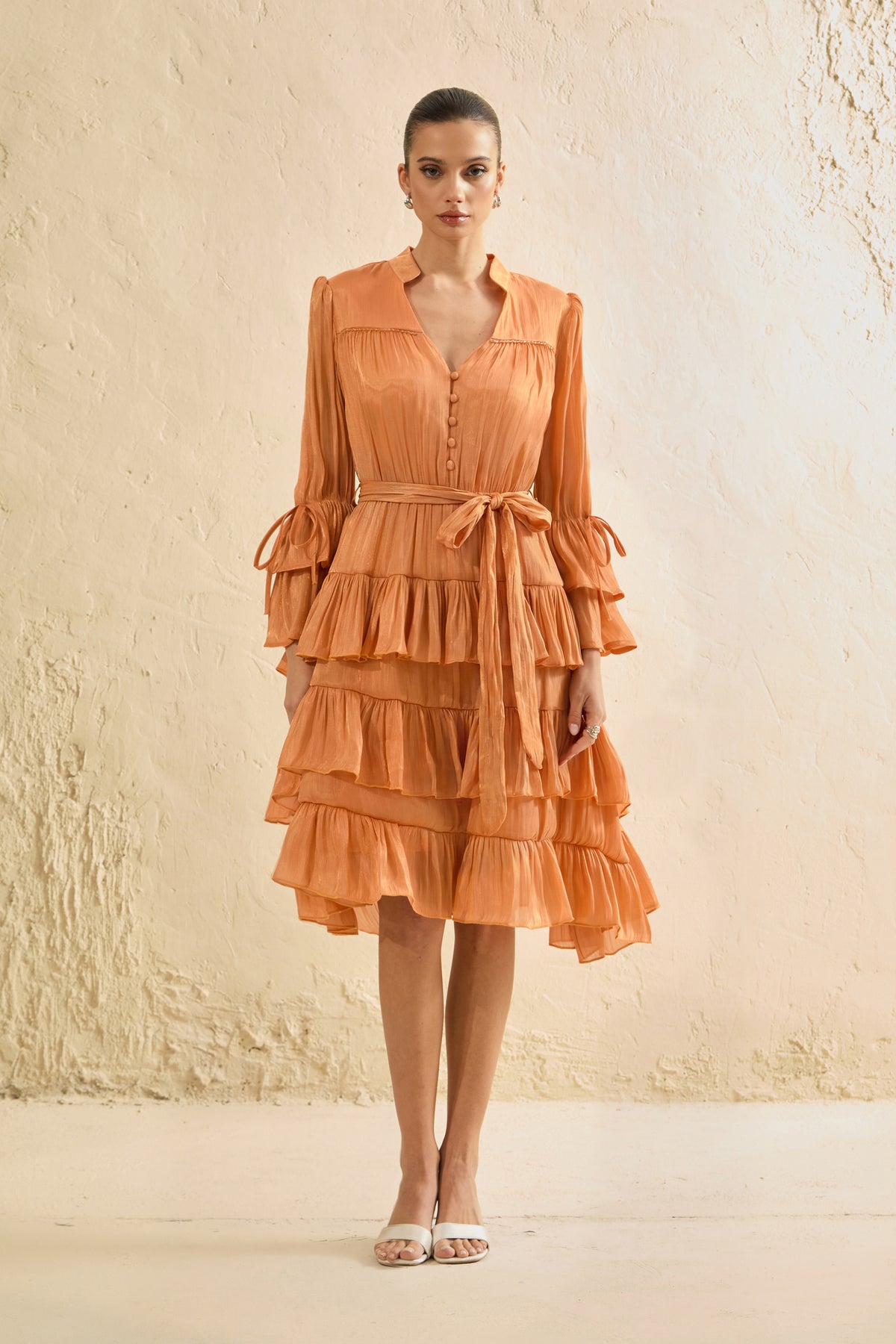 Keep It Interesting Orange V-Neck Tiered Ruffle Midi Dress