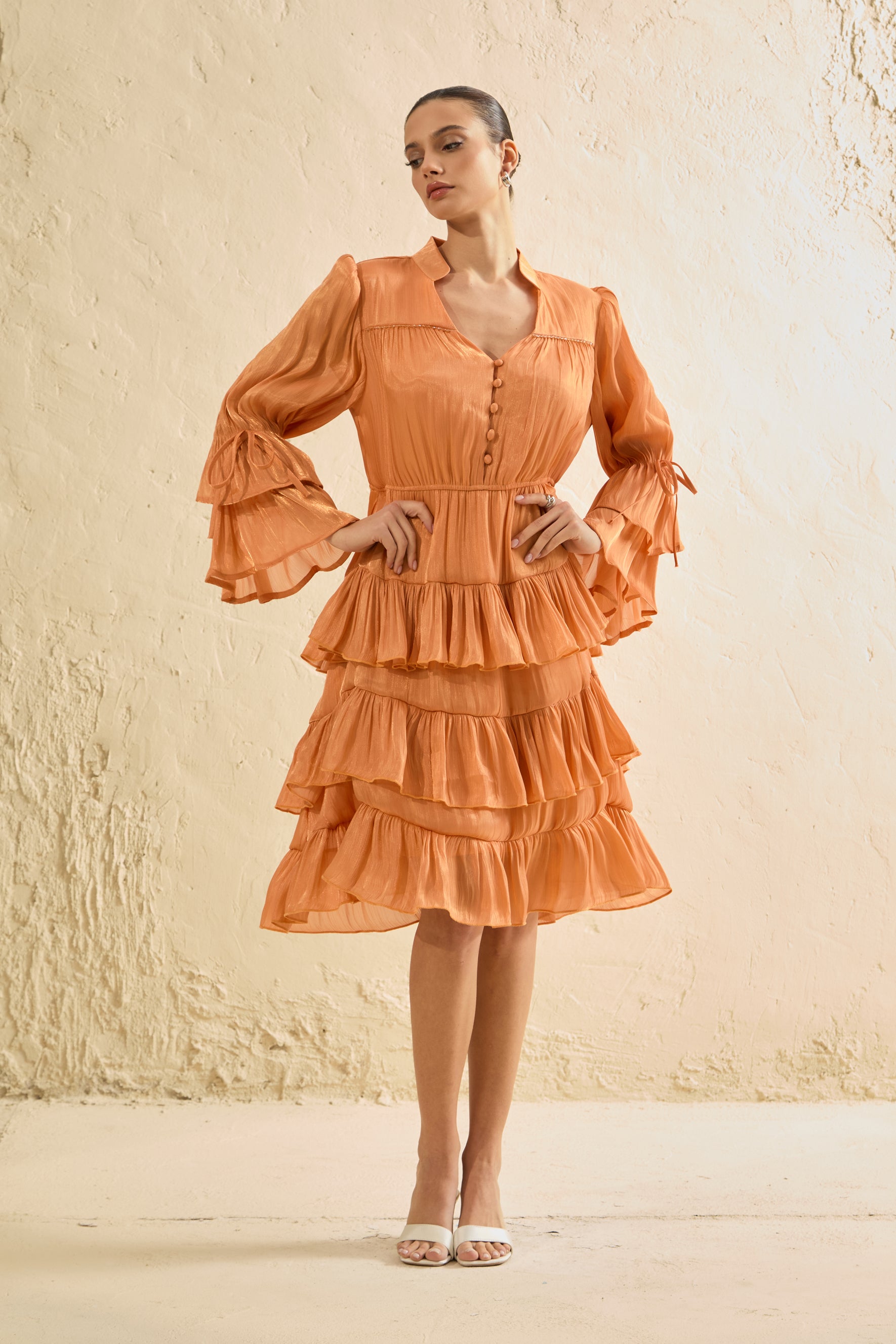 Keep It Interesting Orange V-Neck Tiered Ruffle Midi Dress