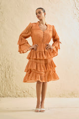 Keep It Interesting Orange V-Neck Tiered Ruffle Midi Dress