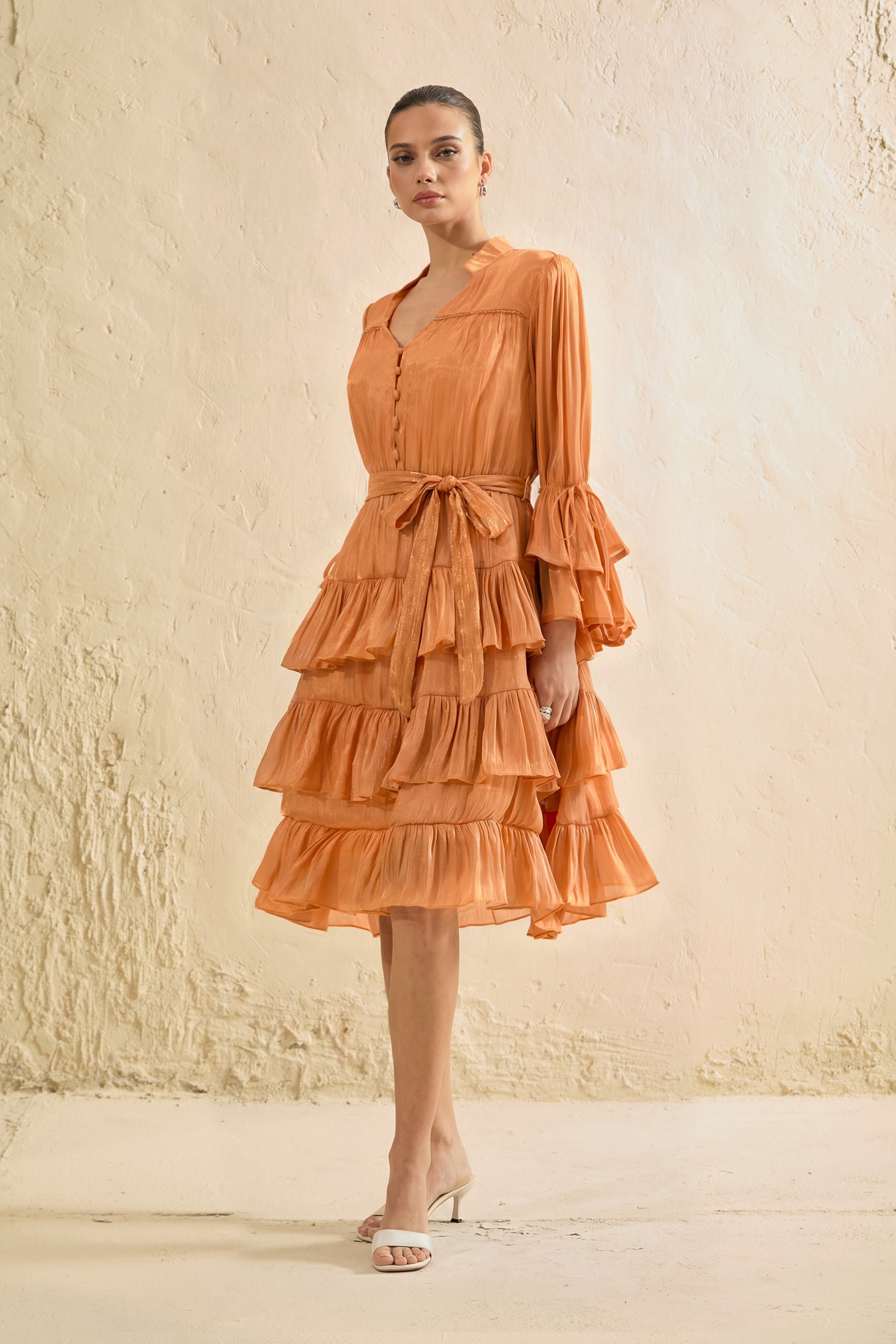 Keep It Interesting Orange V-Neck Tiered Ruffle Midi Dress