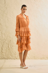 Keep It Interesting Orange V-Neck Tiered Ruffle Midi Dress