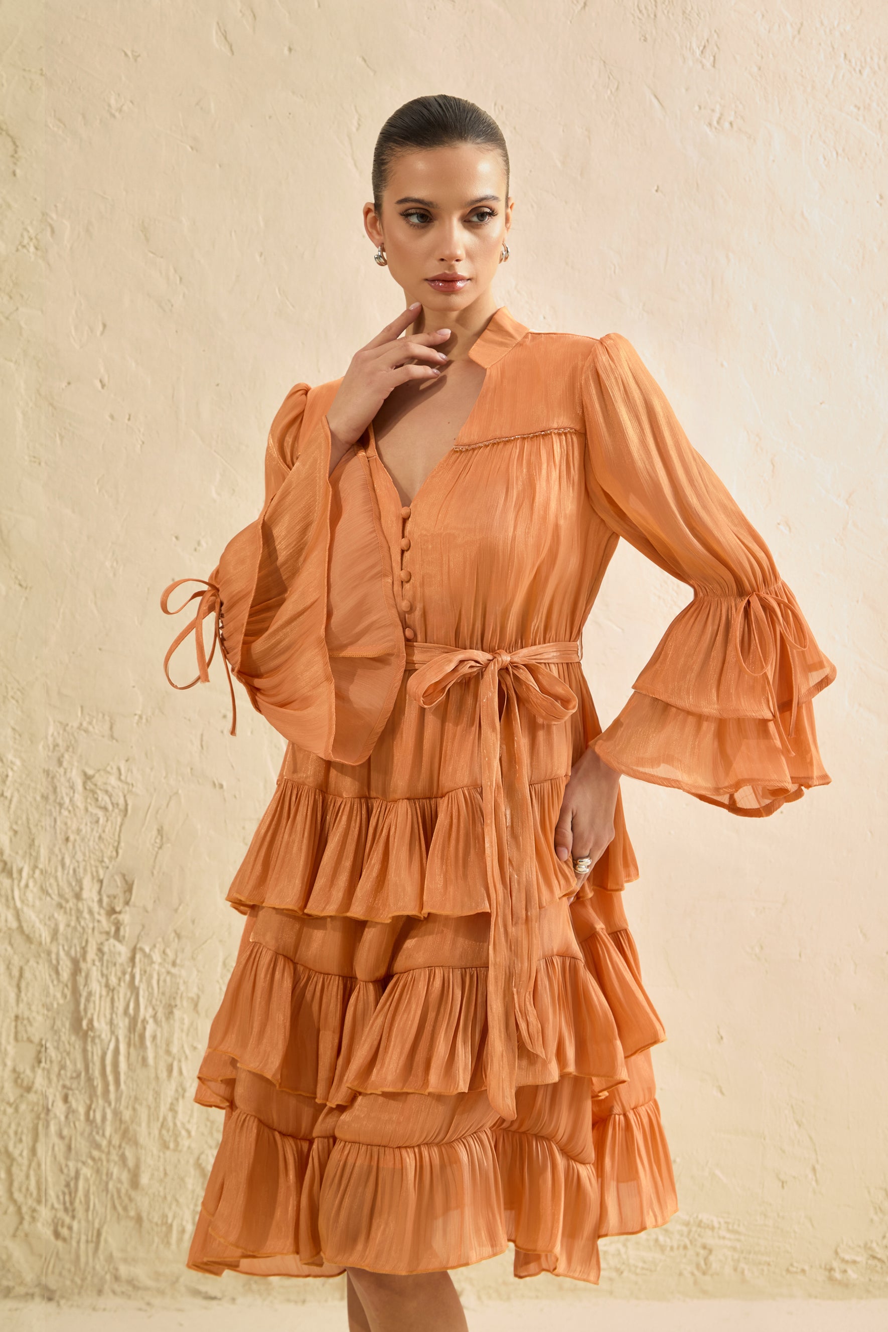 Keep It Interesting Orange V-Neck Tiered Ruffle Midi Dress