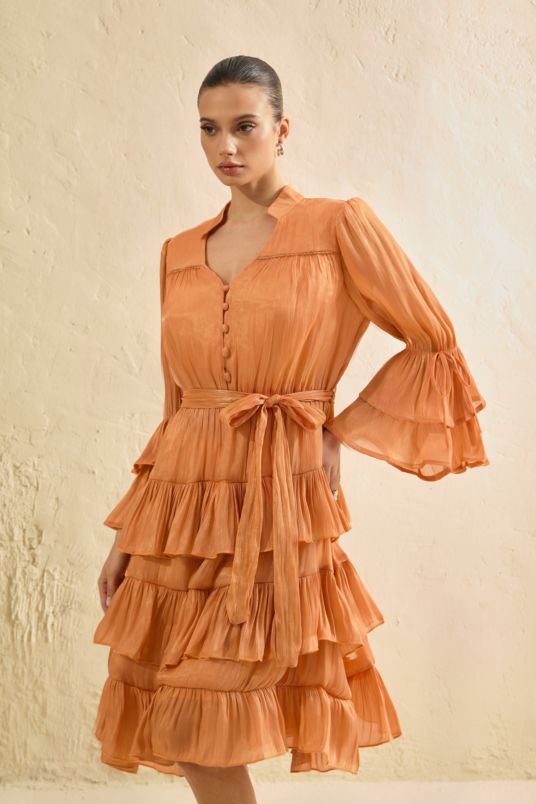 Keep It Interesting Orange V-Neck Tiered Ruffle Midi Dress