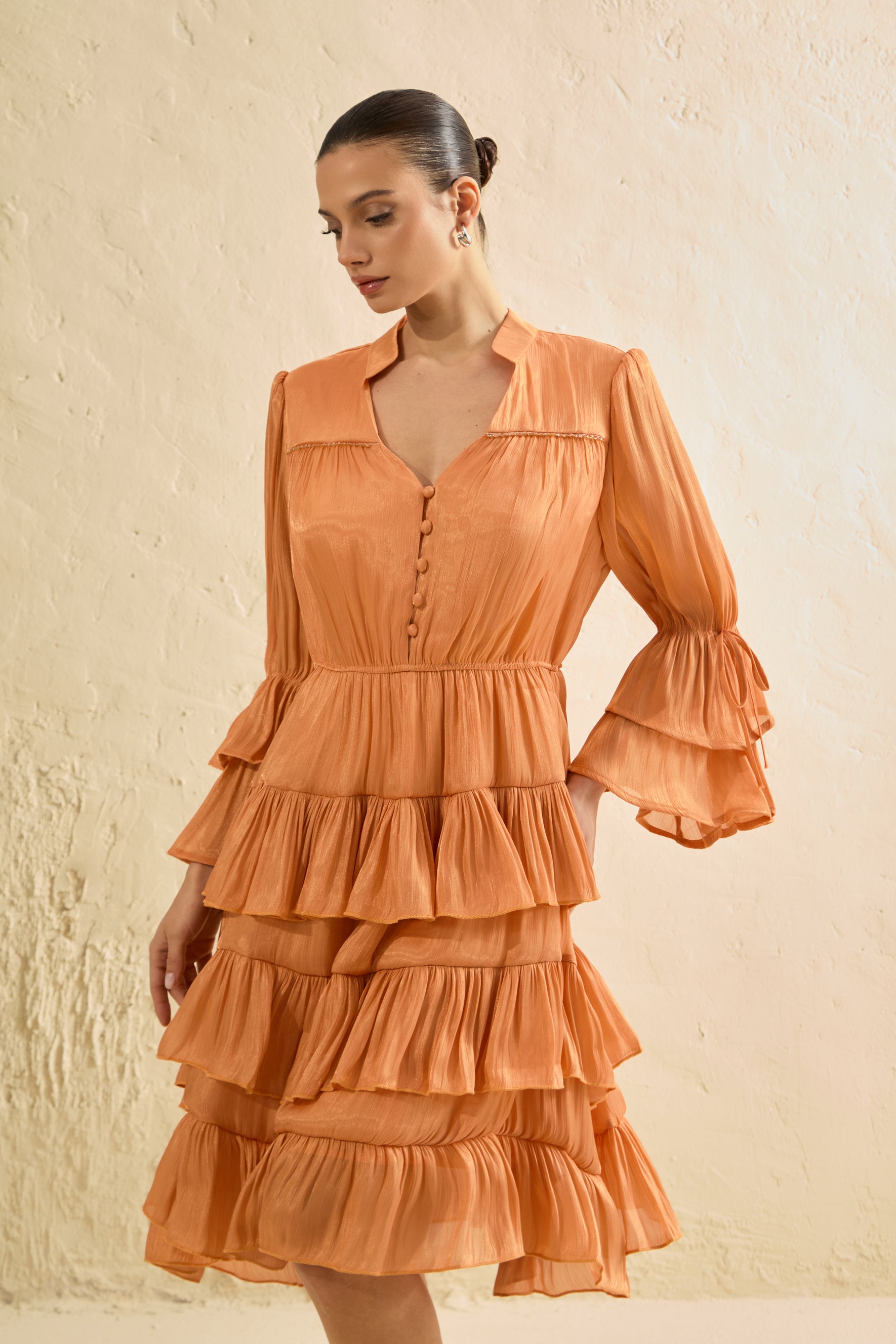 Keep It Interesting Orange V-Neck Tiered Ruffle Midi Dress