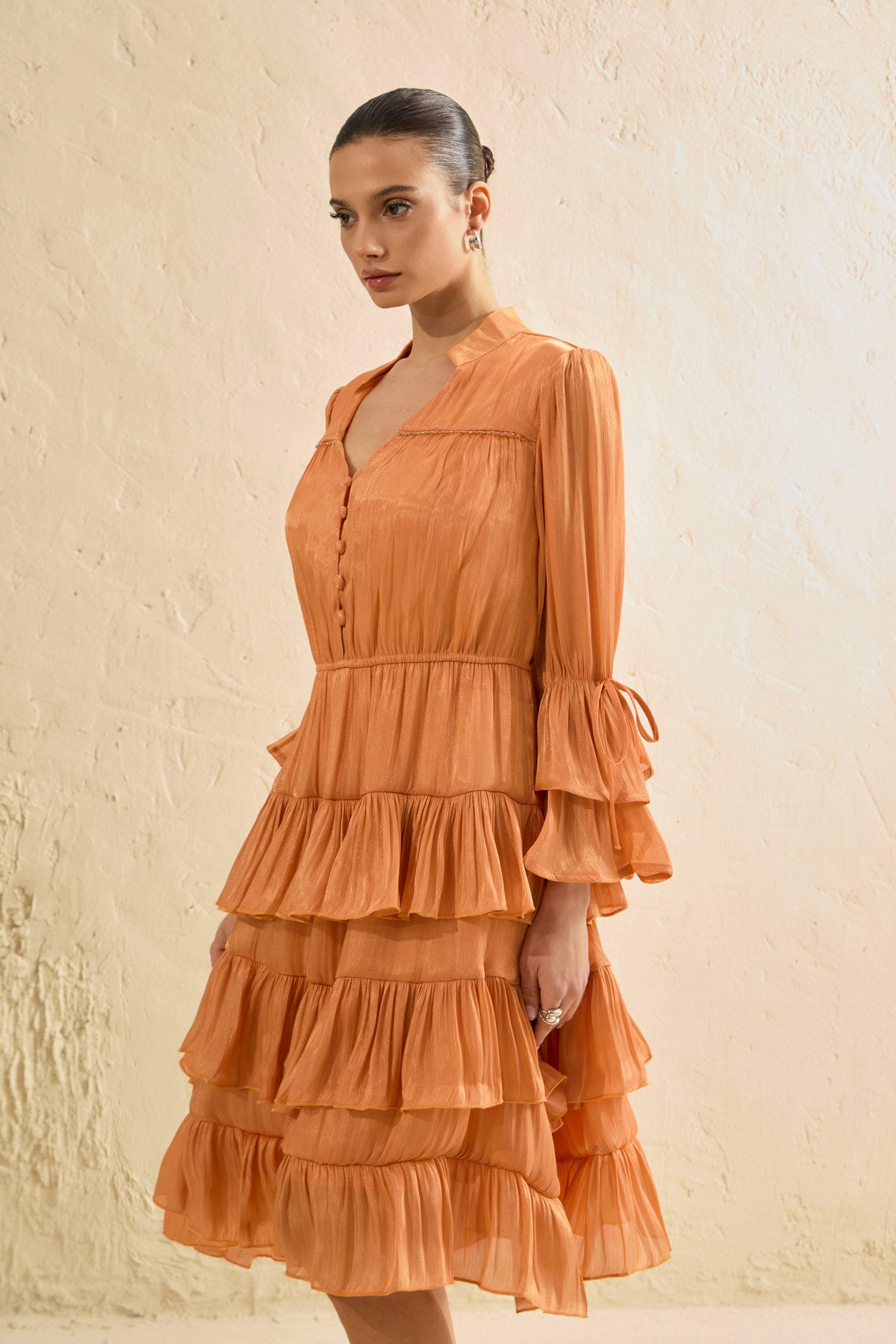 Keep It Interesting Orange V-Neck Tiered Ruffle Midi Dress