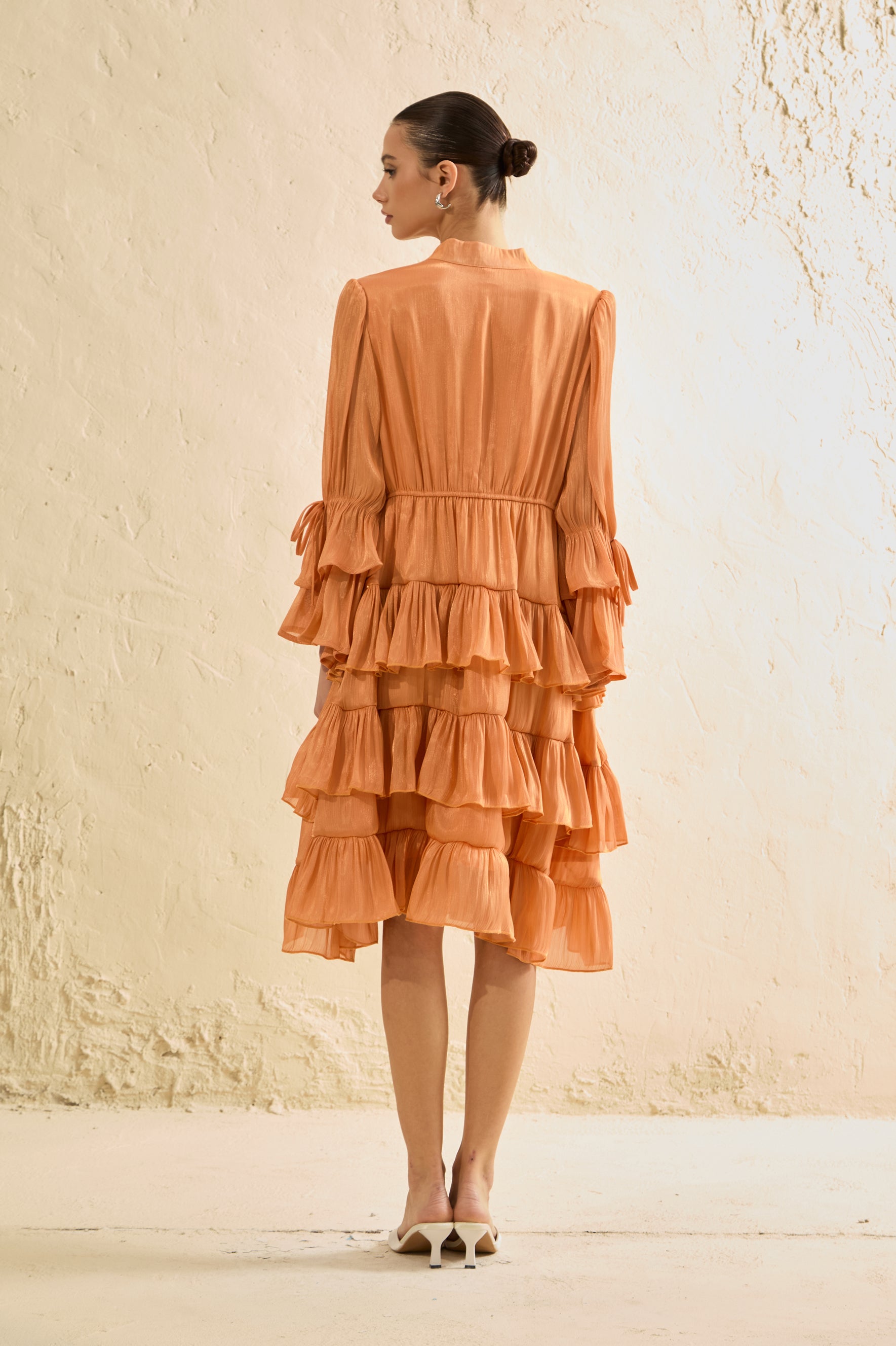 Keep It Interesting Orange V-Neck Tiered Ruffle Midi Dress