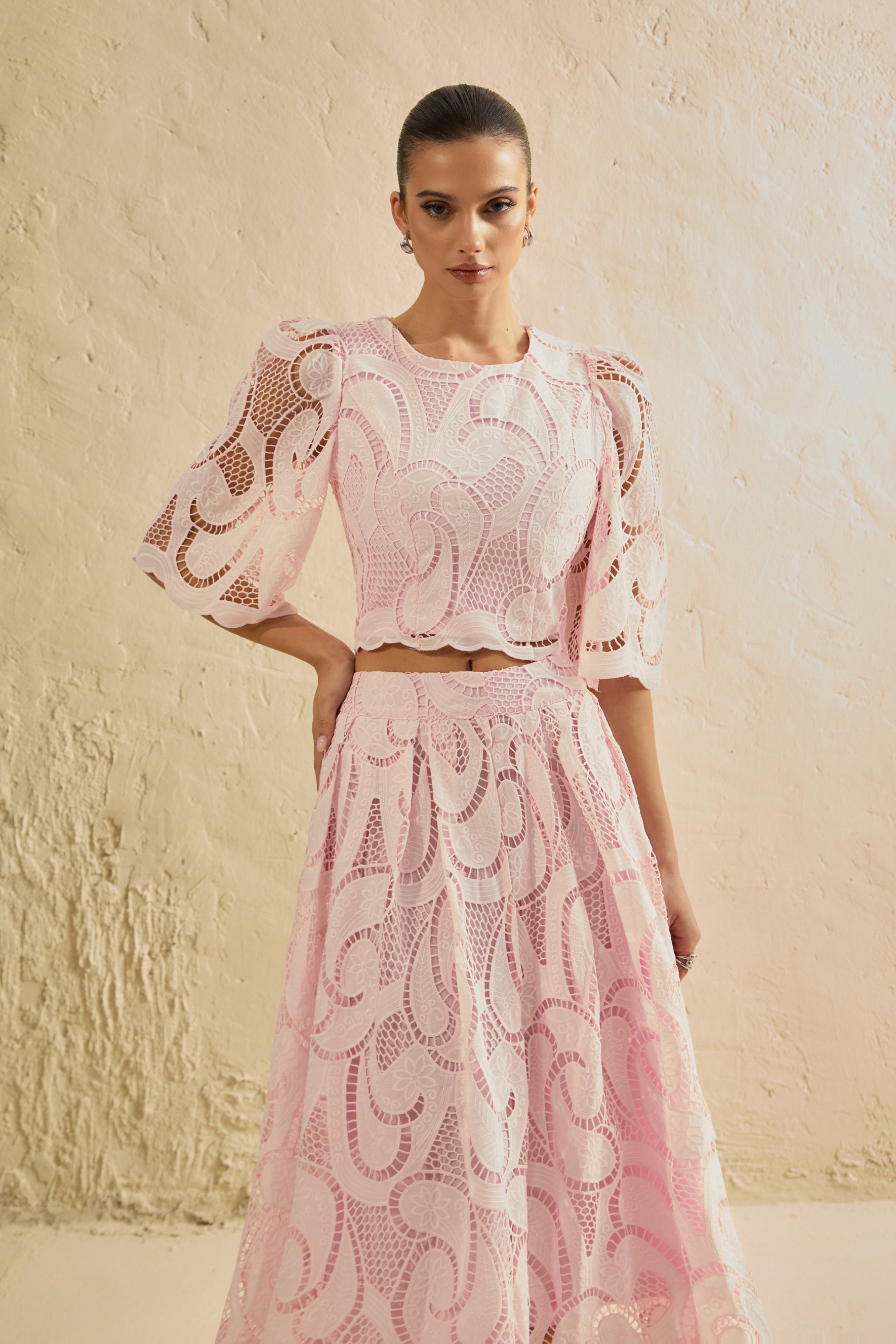 Spellbound By You Pink Lace Bell Sleeve Top & Midi Skirt Set
