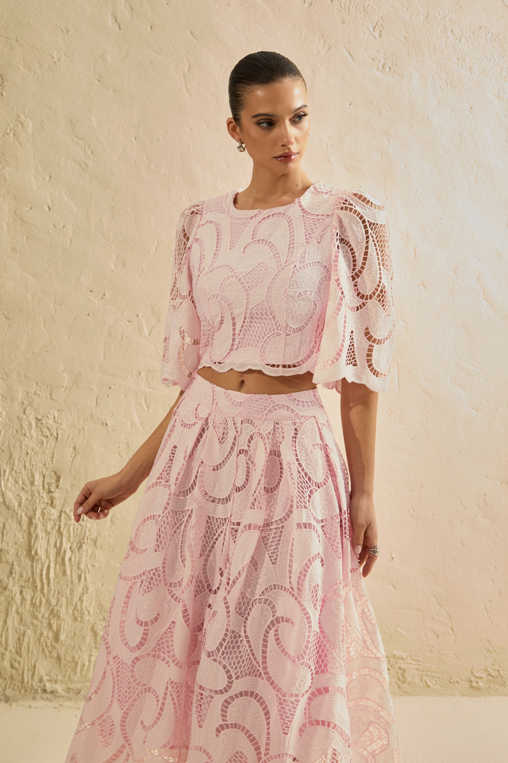 Spellbound By You Pink Lace Bell Sleeve Top & Midi Skirt Set