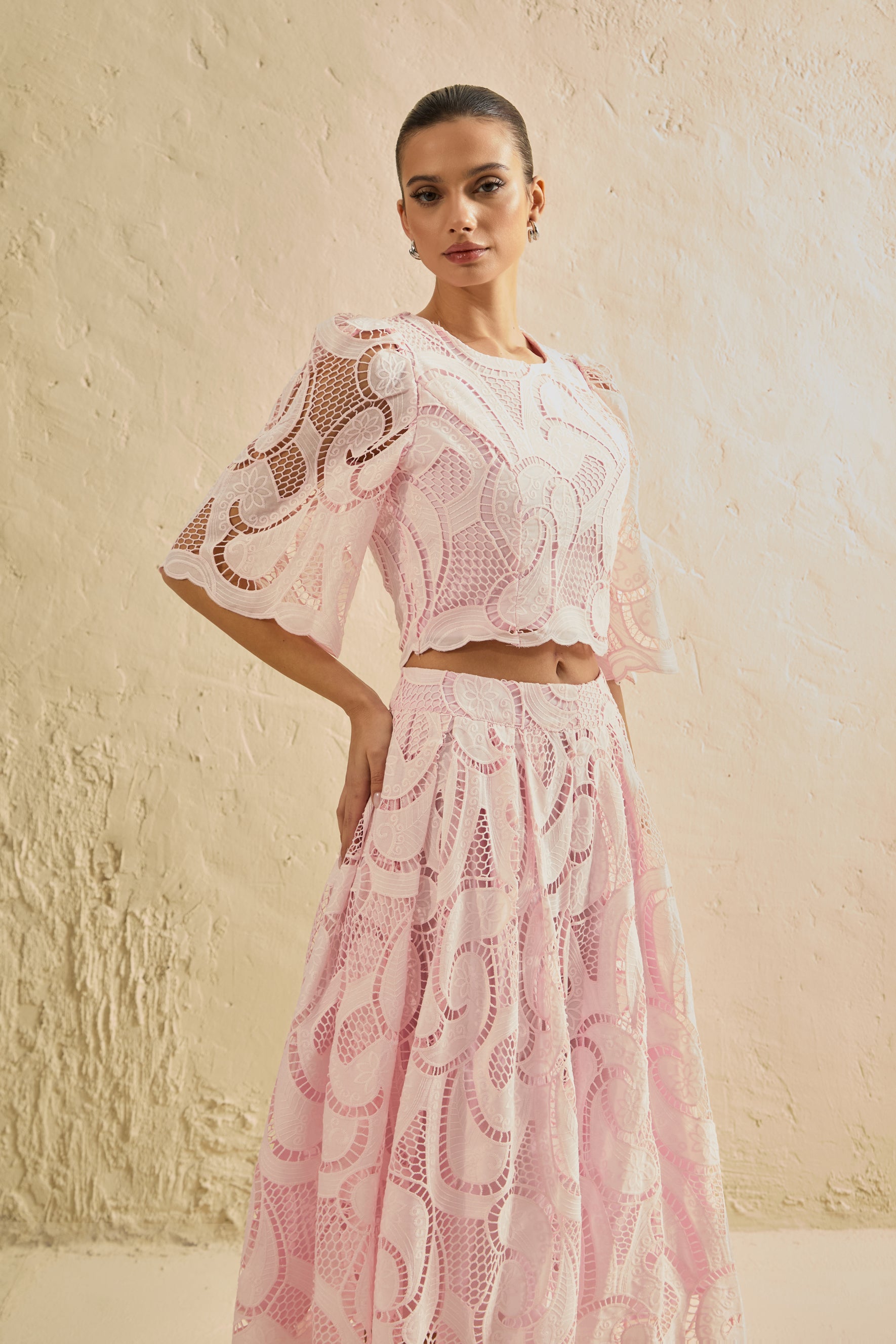 Spellbound By You Pink Lace Bell Sleeve Top & Midi Skirt Set