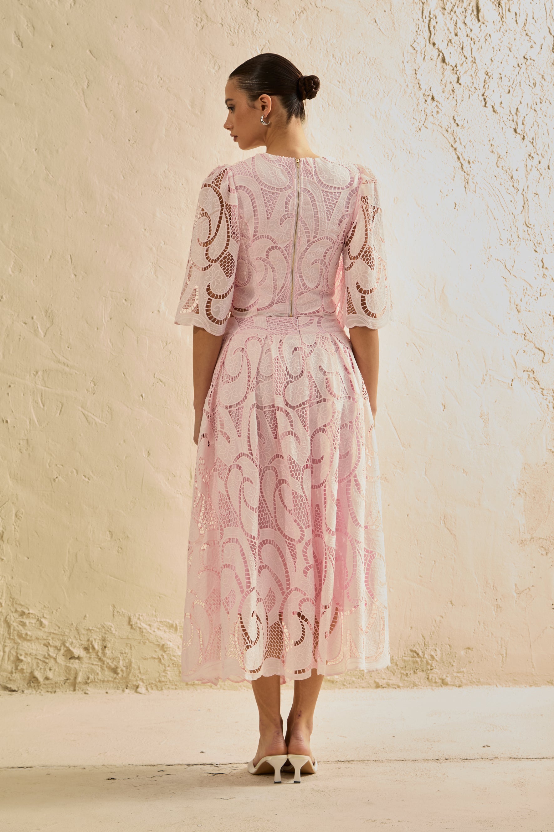Spellbound By You Pink Lace Bell Sleeve Top & Midi Skirt Set
