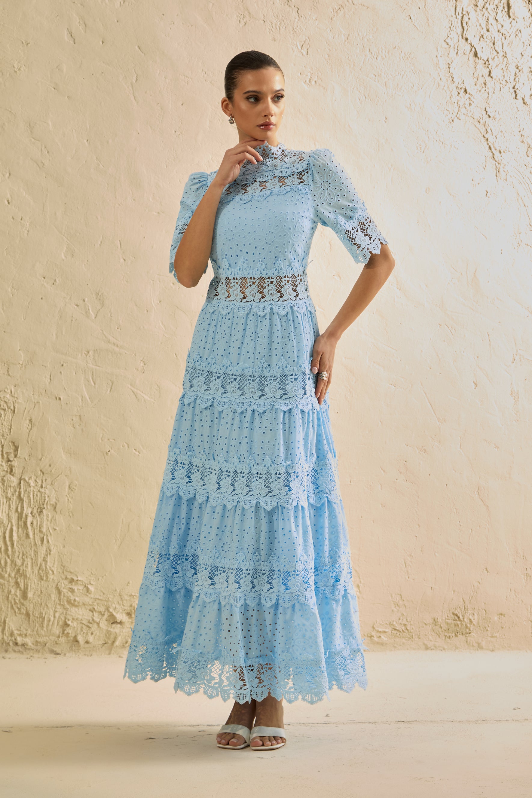 Charming Event Blue Eyelet Lace Tiered Maxi Dress