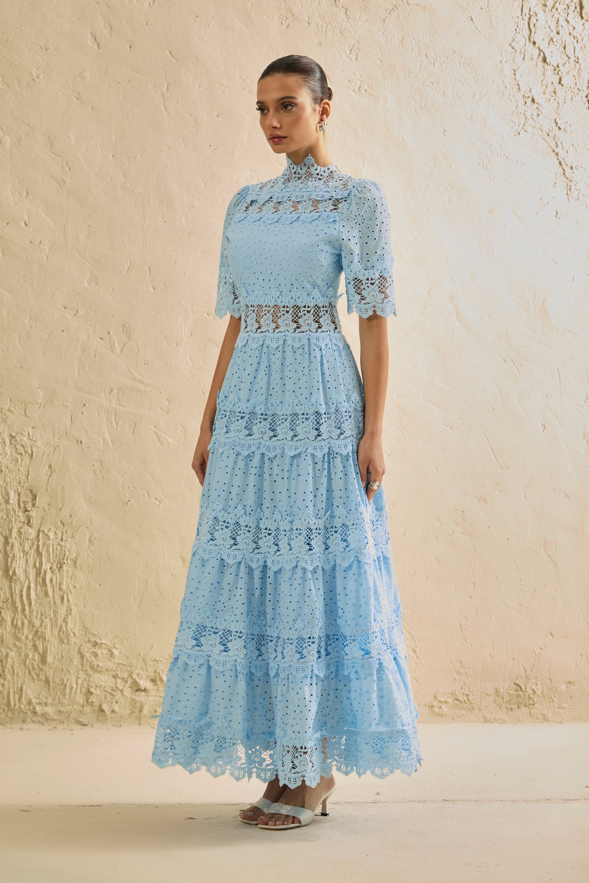 Charming Event Blue Eyelet Lace Tiered Maxi Dress