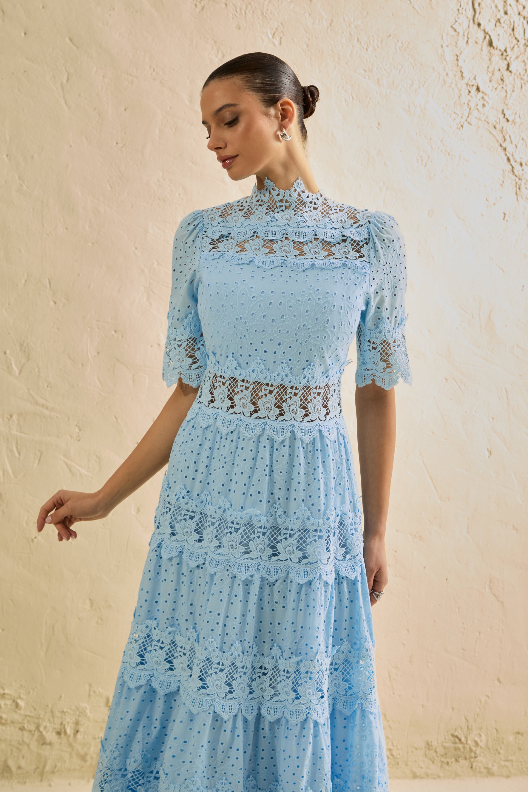 Charming Event Blue Eyelet Lace Tiered Maxi Dress