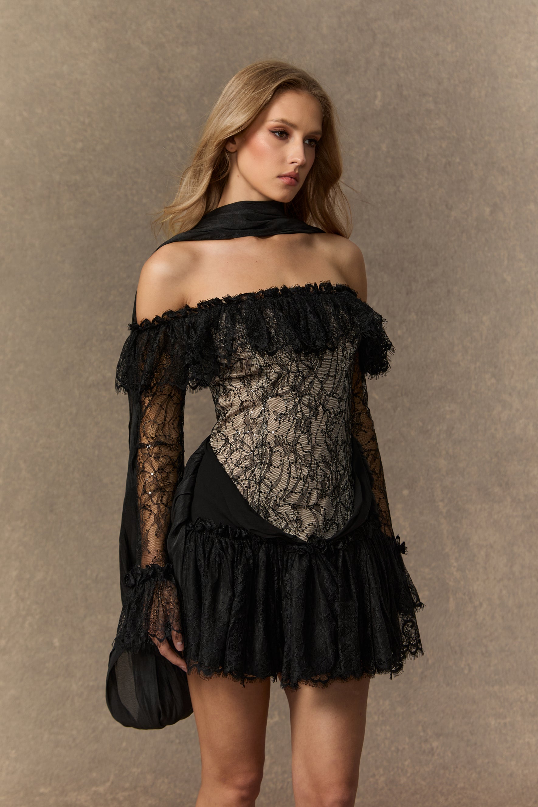 Instant Attraction Black Off Shoulder Lace Corset Mini Dress
