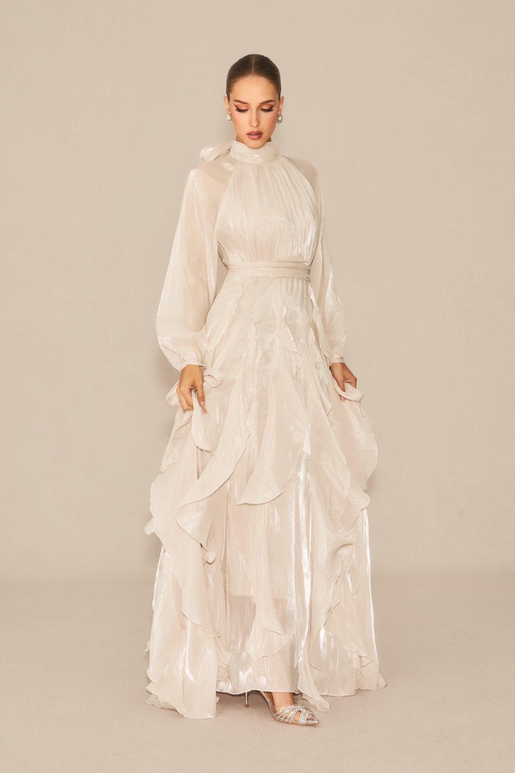 Estella Puff Sleeve Ruffle Trim Maxi Dress