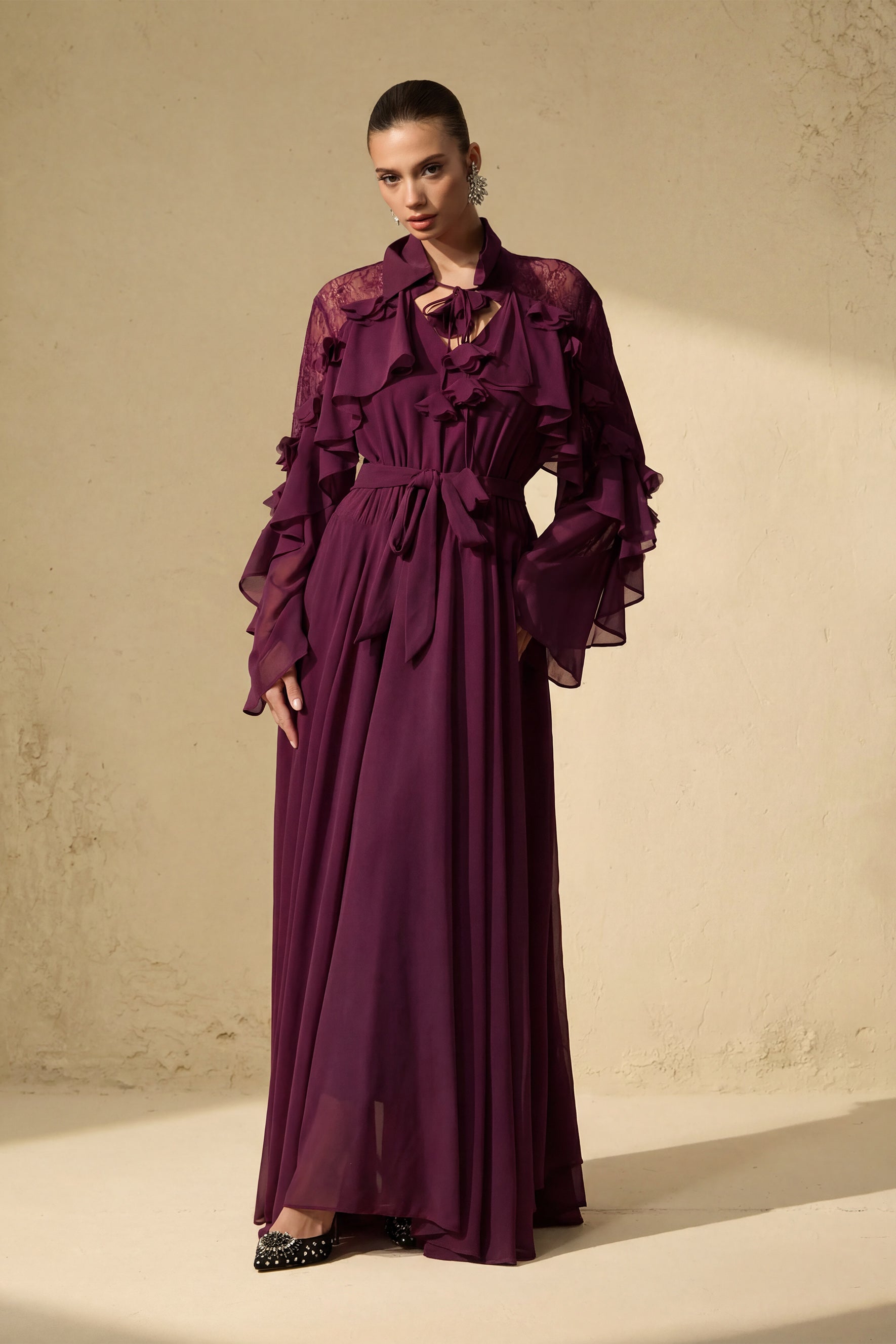Beautiful Aura Sheer Lace Ruffled Sleeve Maxi Dress
