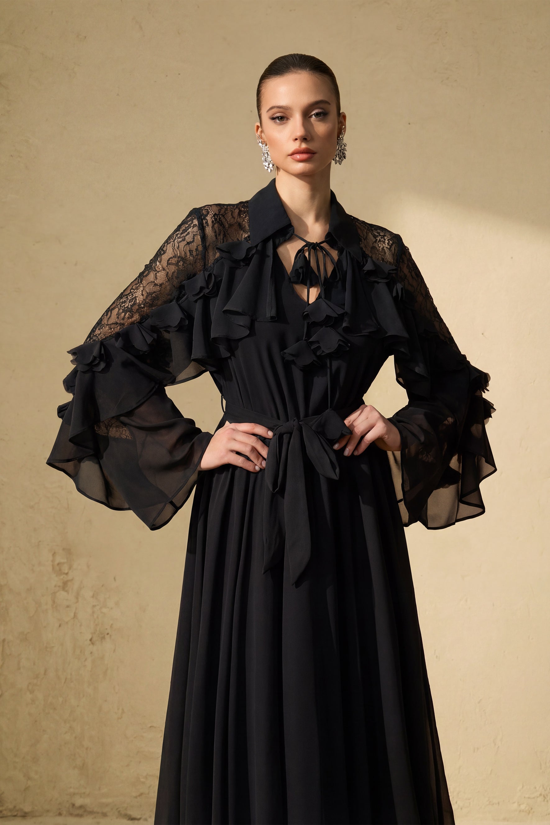 Beautiful Aura Sheer Lace Ruffled Sleeve Maxi Dress