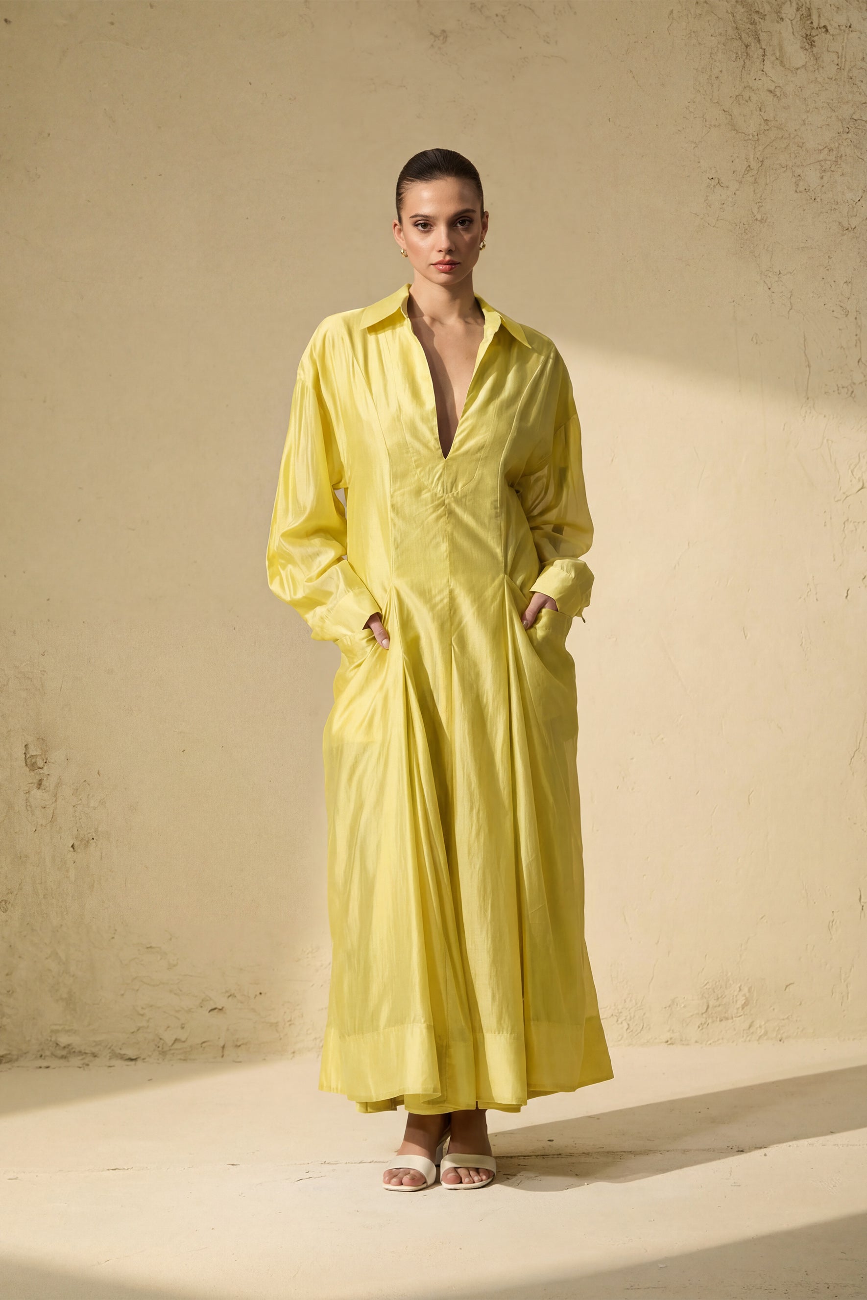 Leisurely Luxe Collared Deep V Maxi Dress
