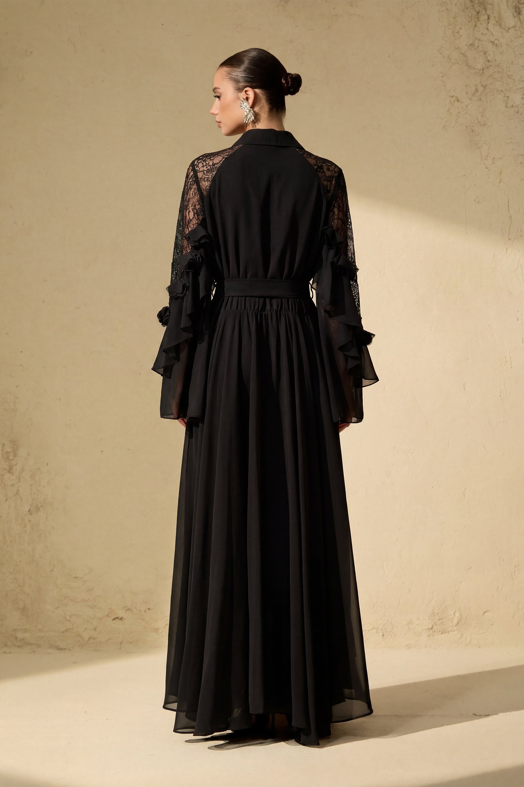 Beautiful Aura Sheer Lace Ruffled Sleeve Maxi Dress