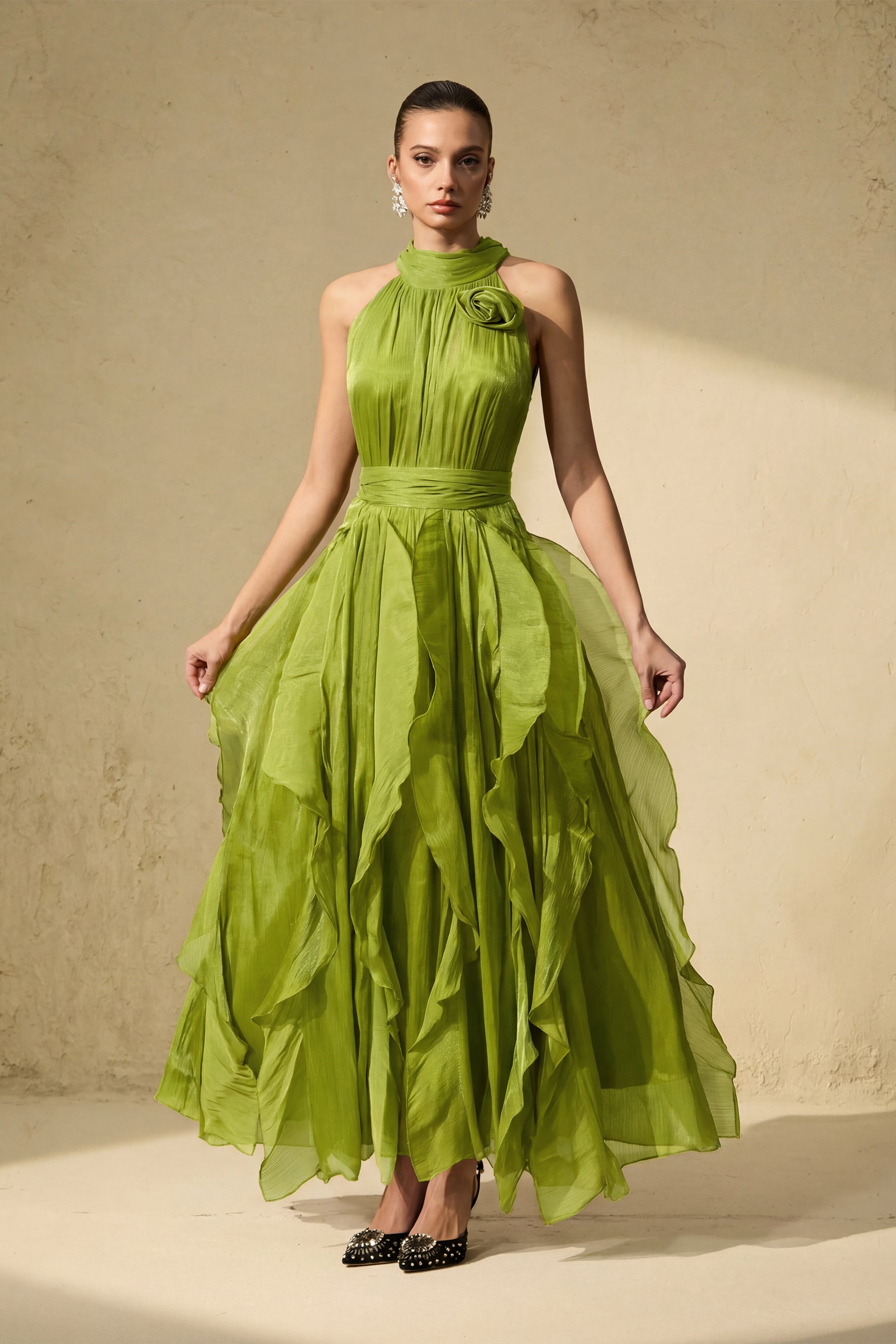 Love In Your Eyes Rosette Tiered Ruffles Maxi Dress
