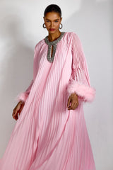 Yvonne Diamante Feathered Pleated Maxi Chiffon Dress