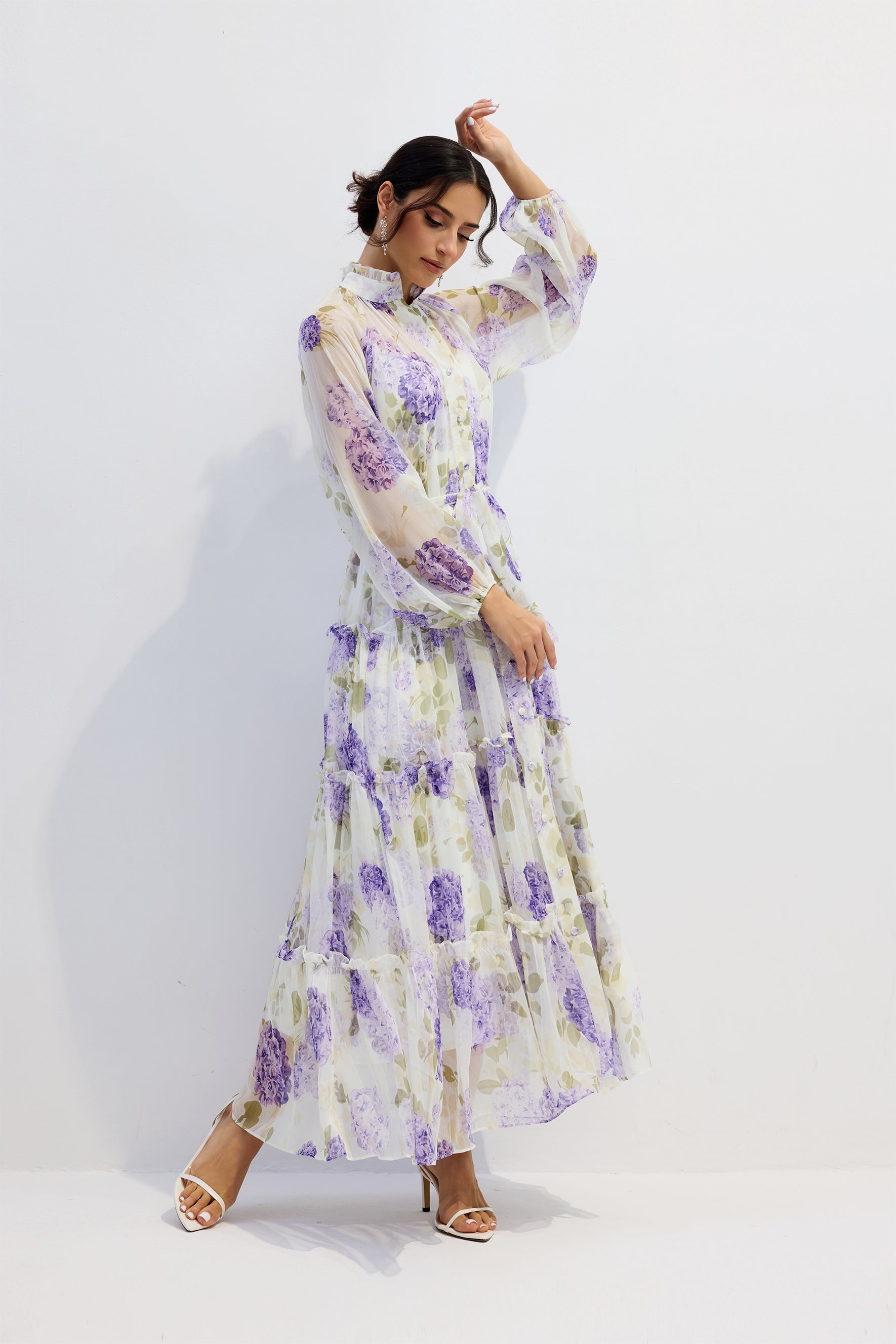 Helena Floral Print Long Sleeve Chiffon Maxi Dress