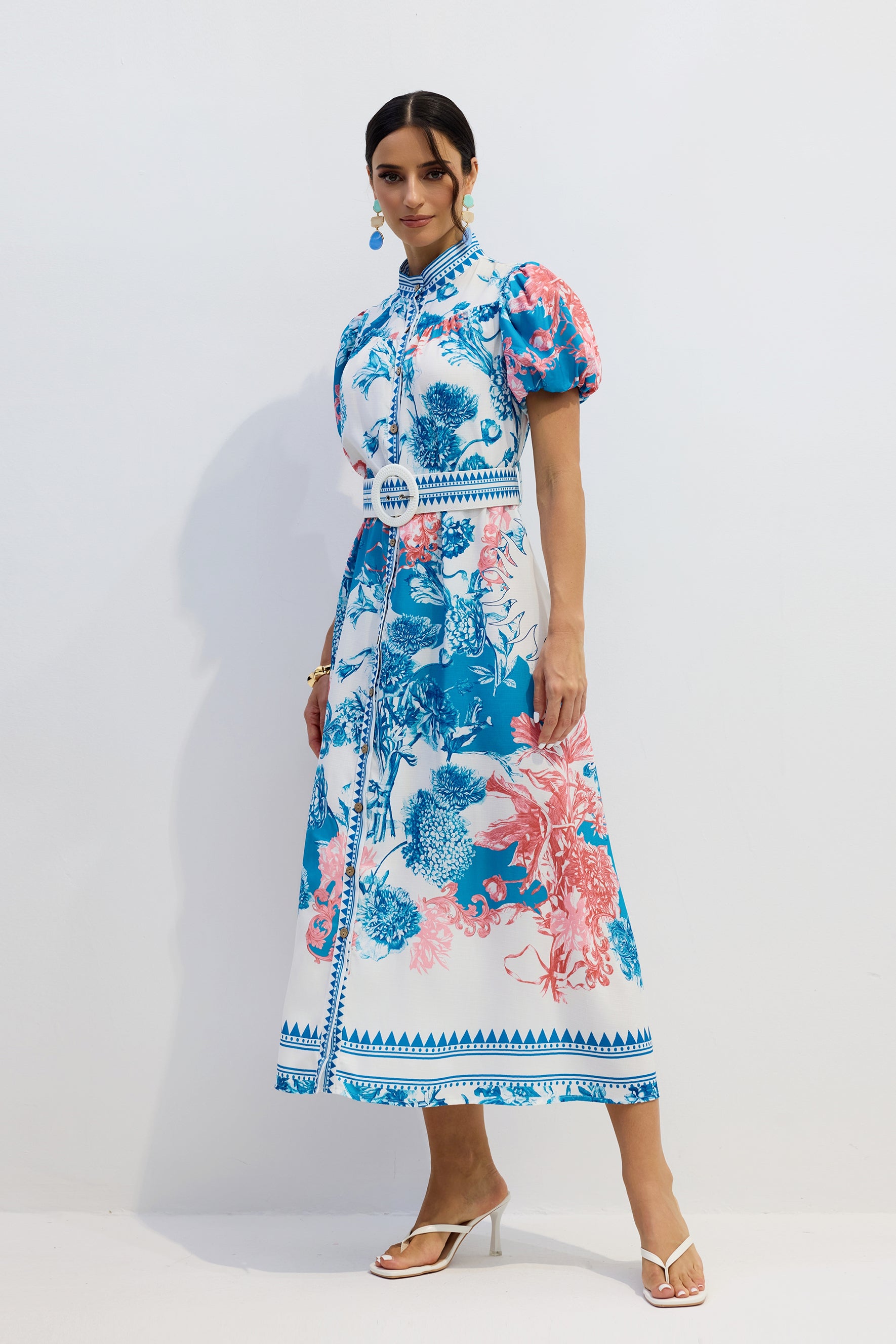 Karen Floral Print Puff Sleeve Midi Dress