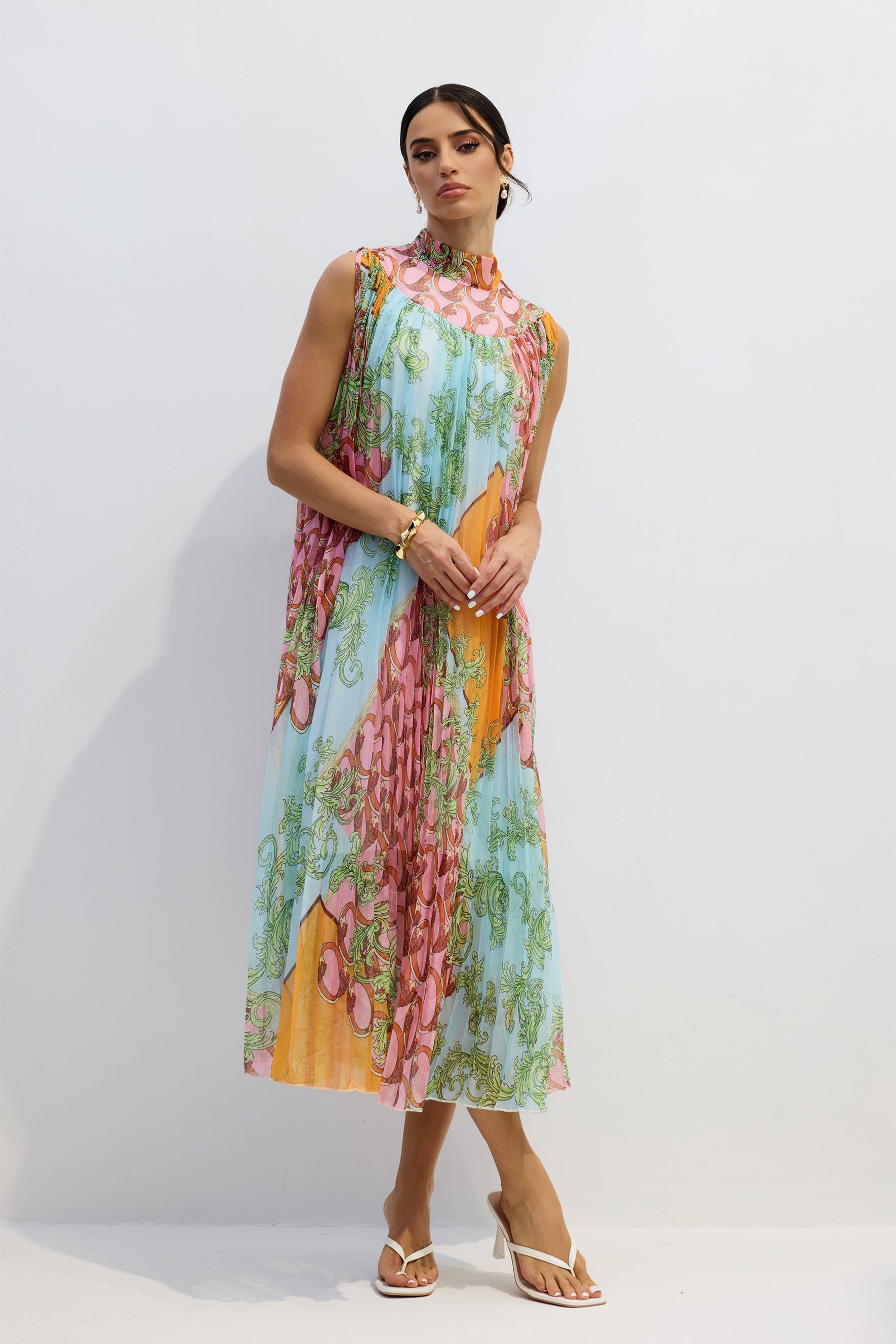 Martha Print Sleeveless Pleated Midi Dress