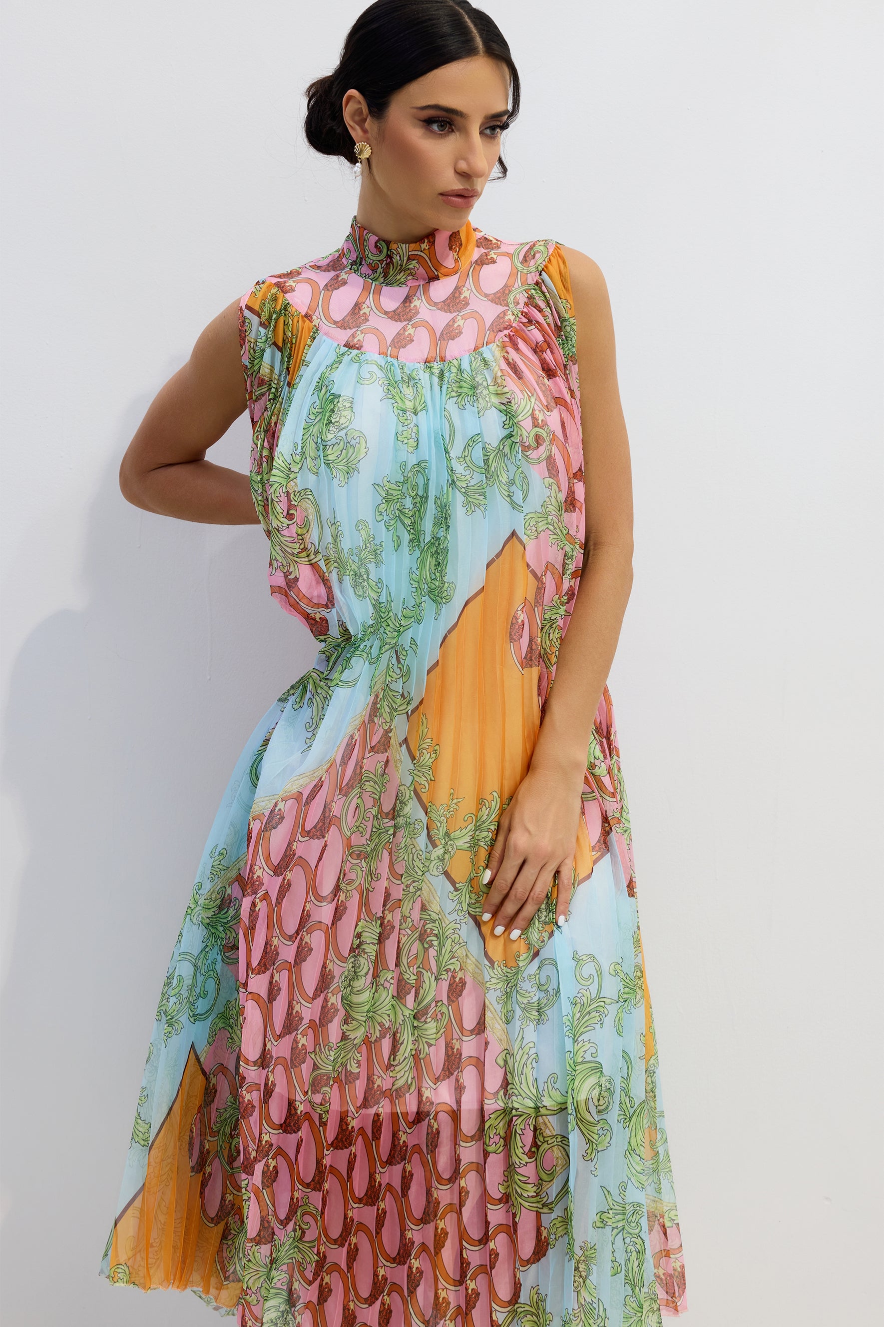 Martha Print Sleeveless Pleated Midi Dress