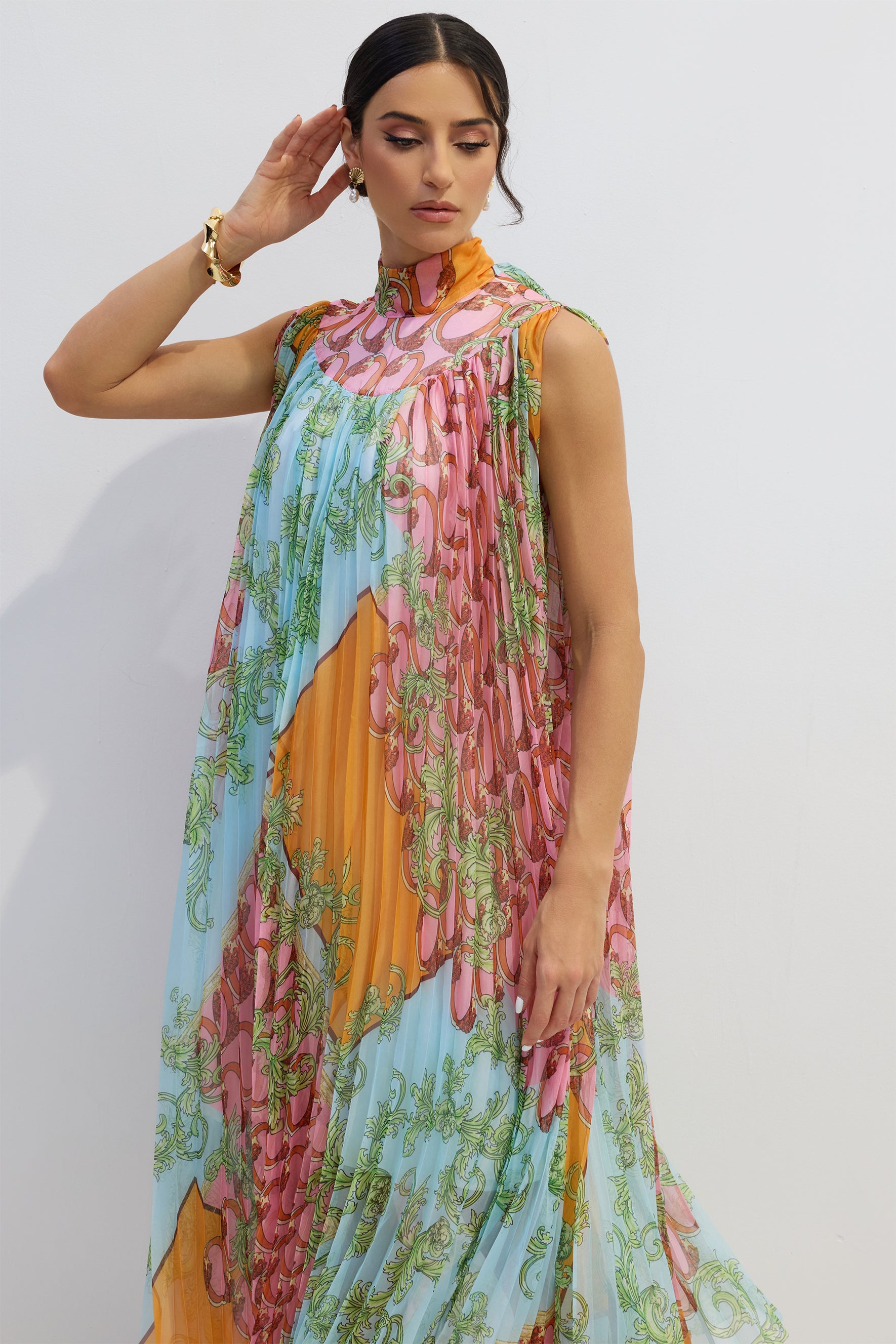 Martha Print Sleeveless Pleated Midi Dress