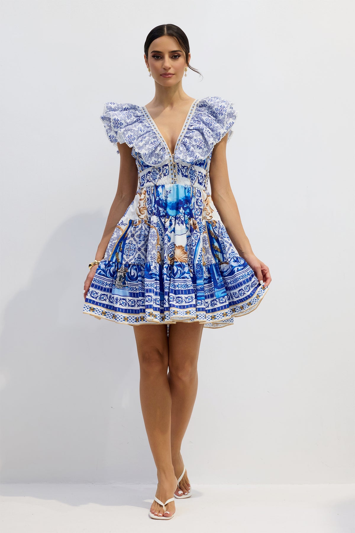 Kyla Printed Plunge Neck Mini Dress
