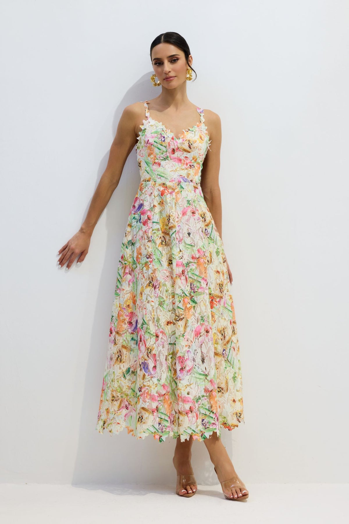 Violet Floral Embroidered Lace Midi Dress