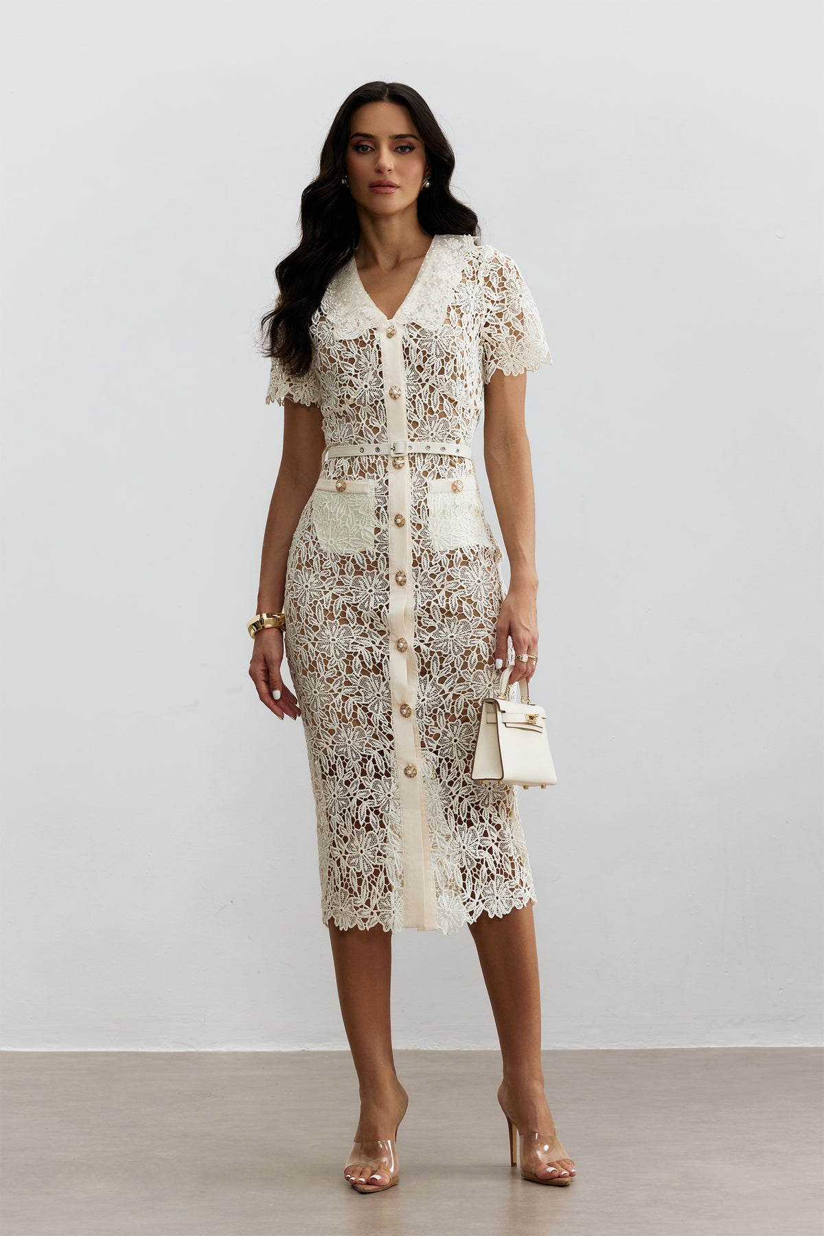 Annette V Neck Embroidered Lace Midi Dress