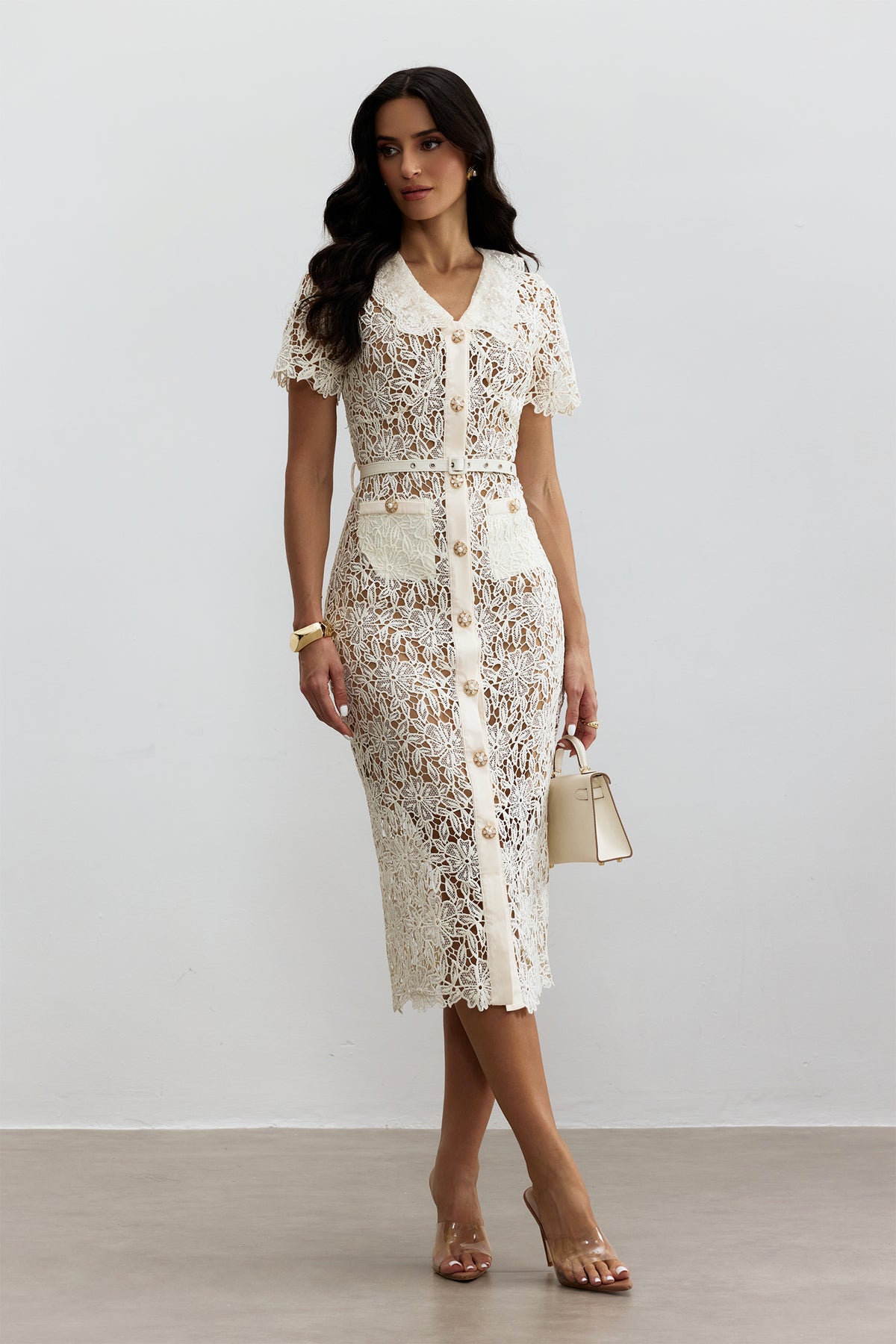Annette V Neck Embroidered Lace Midi Dress