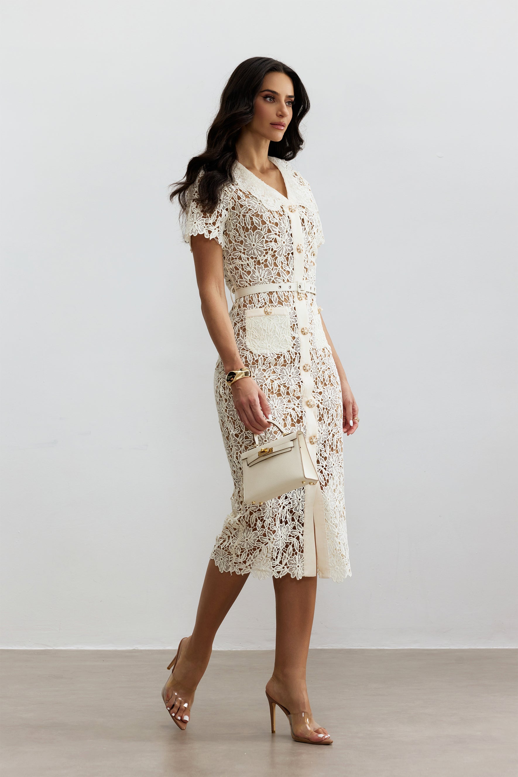 Annette V Neck Embroidered Lace Midi Dress