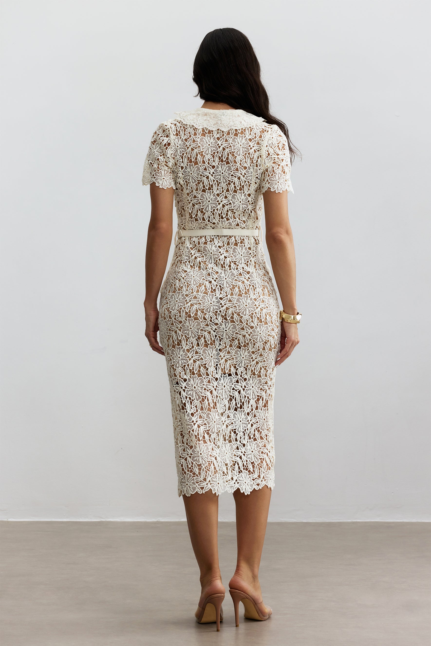 Annette V Neck Embroidered Lace Midi Dress