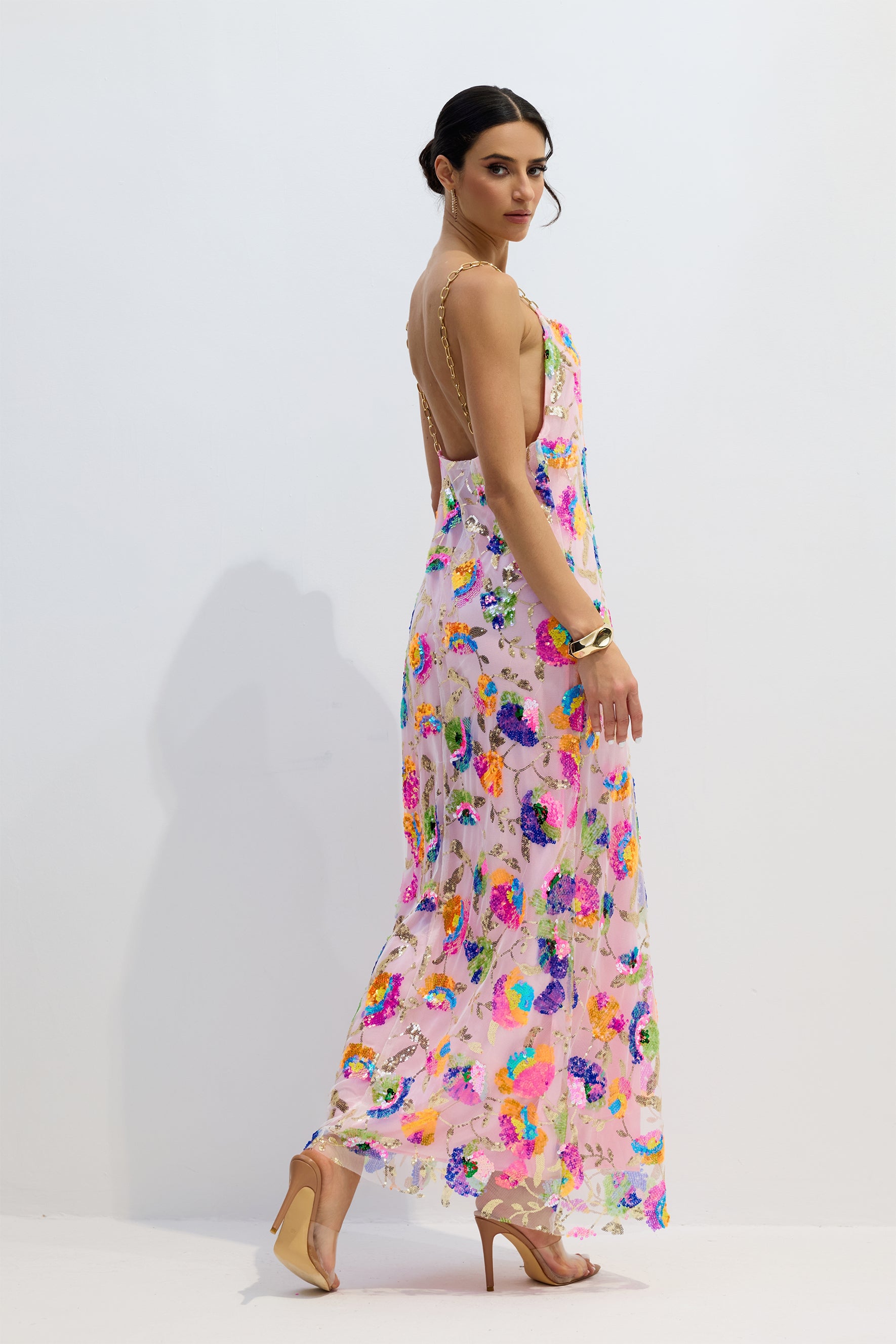 Fanny Embroidered Sequins Backless Maxi Dress