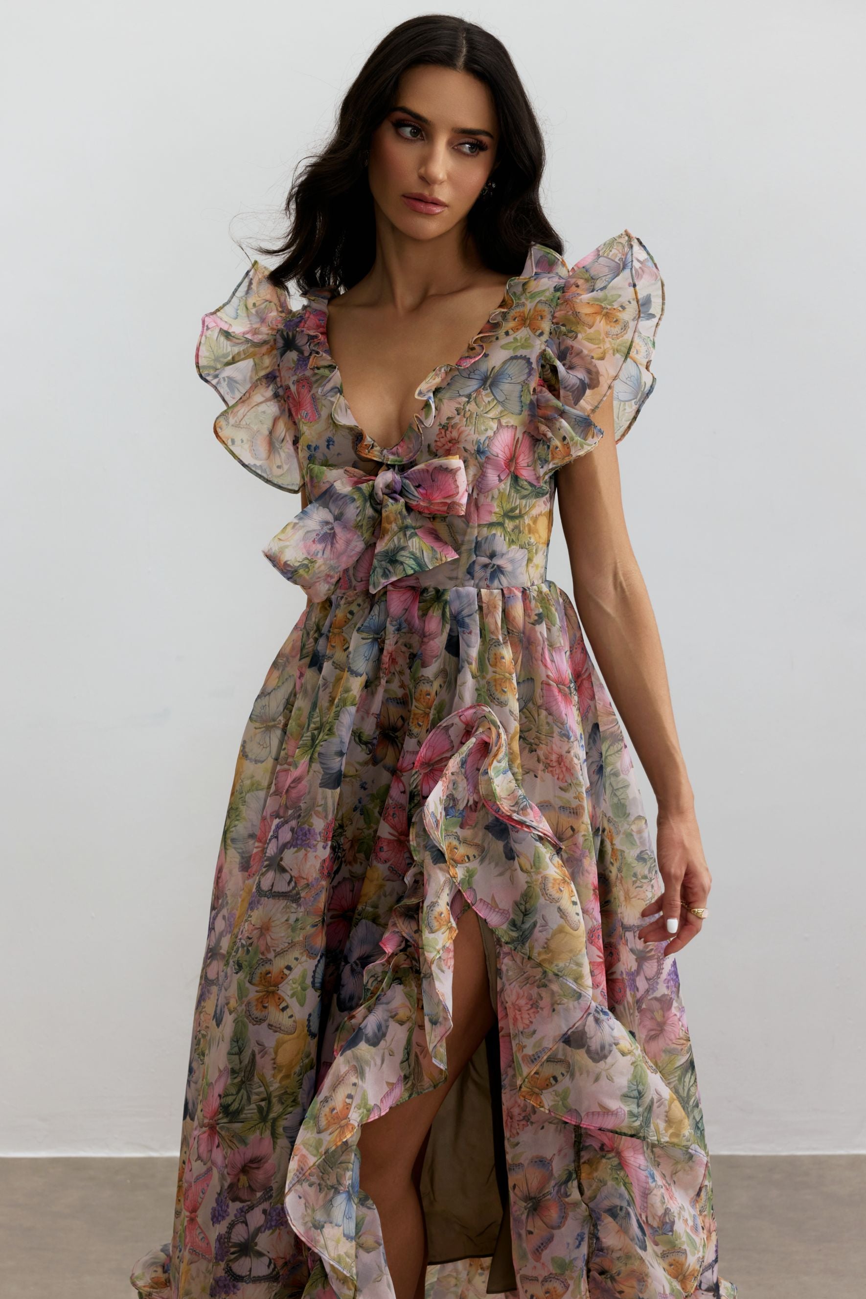 Sarah Butterfly Print Ruffle Chiffon Maxi Dress