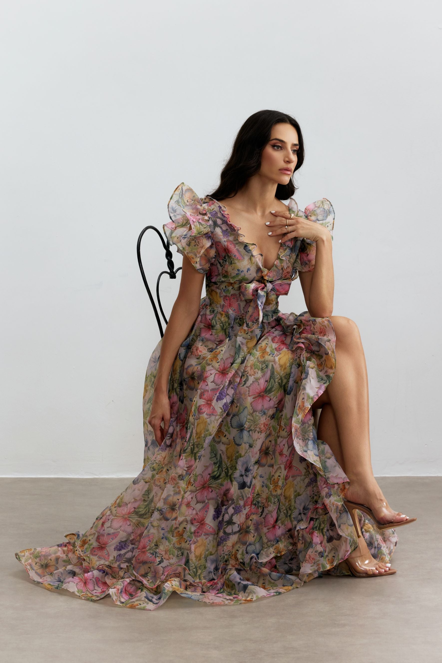 Sarah Butterfly Print Ruffle Chiffon Maxi Dress
