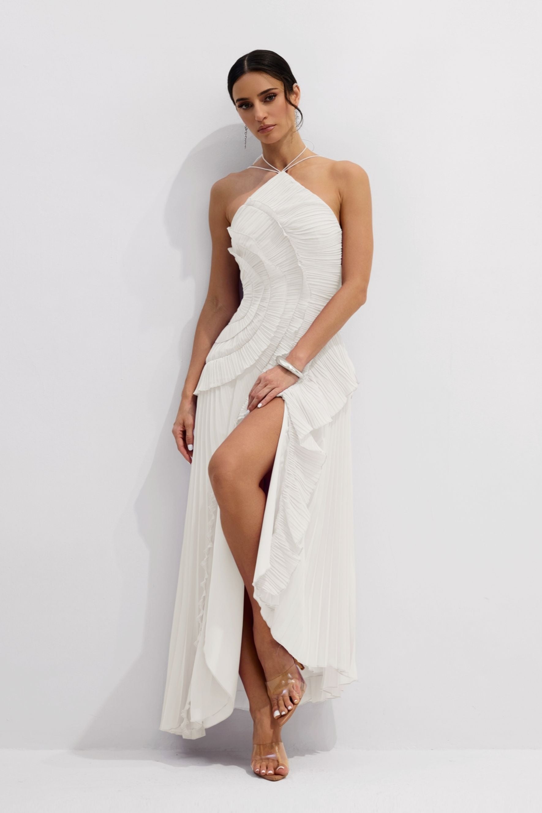 Nina Asymmetry Pleated Halterneck Midi Dress