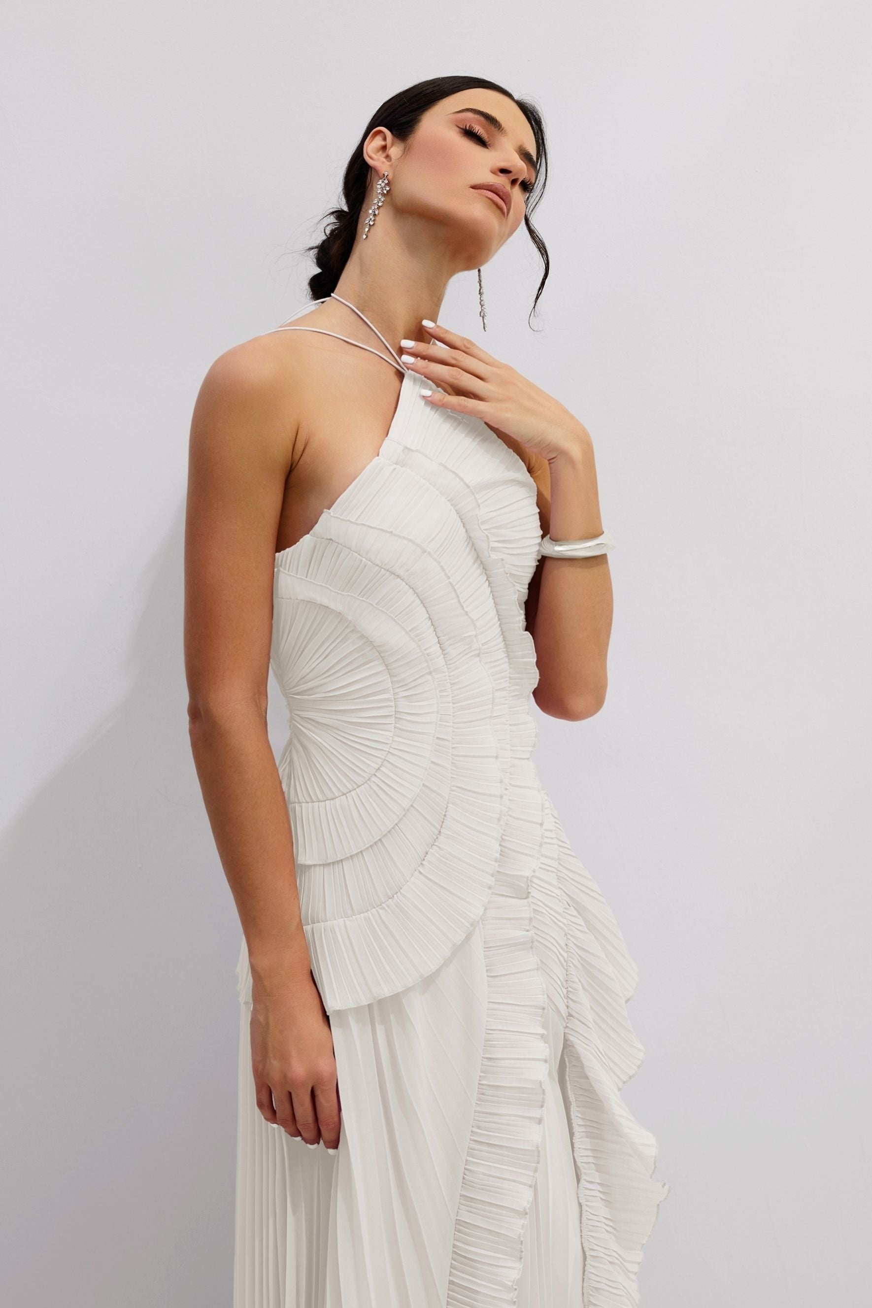 Nina Asymmetry Pleated Halterneck Midi Dress