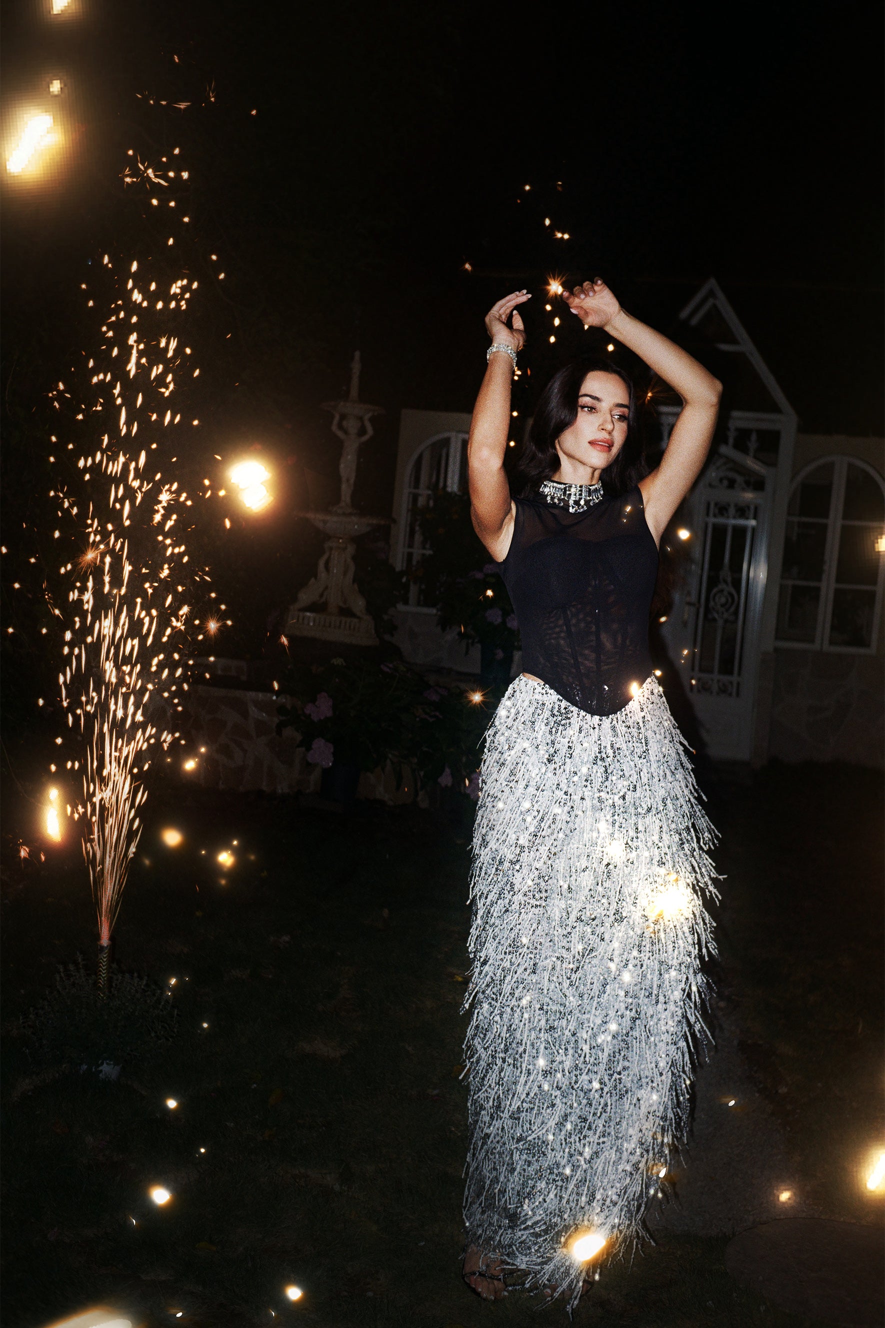 Twinkle All Night Silver Sheer Corset Top & Fringe Skirt Set