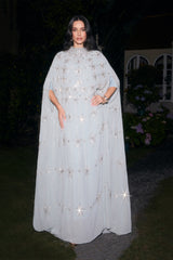Glowing Charisma Light Blue Sequin Embellished Cape Maxi Dress