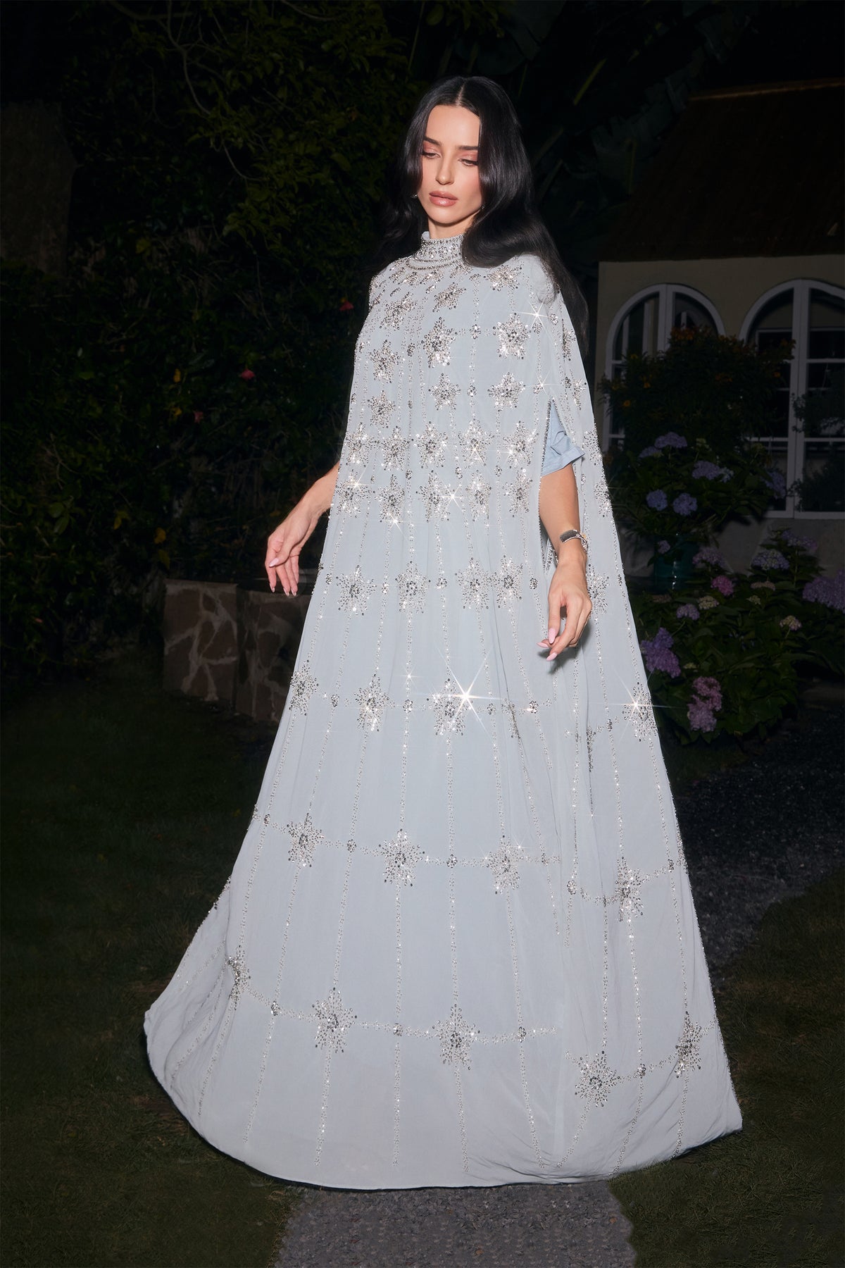 Glowing Charisma Light Blue Sequin Embellished Cape Maxi Dress