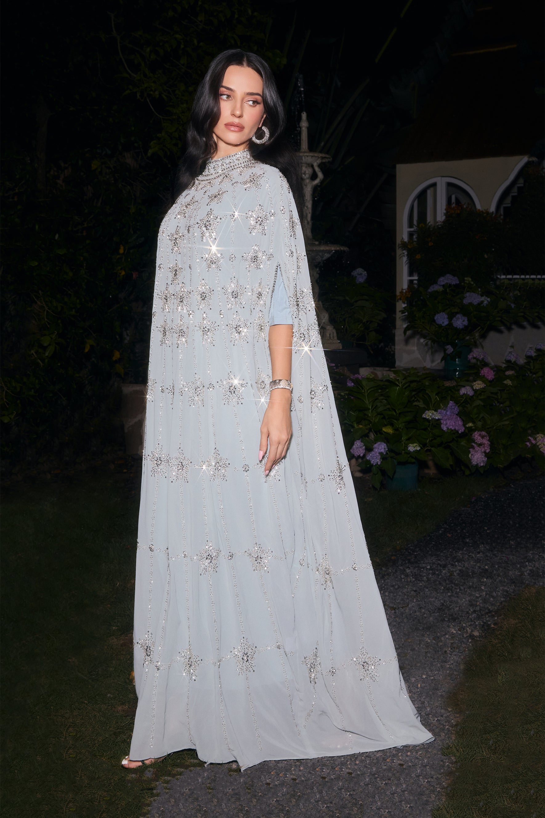 Glowing Charisma Light Blue Sequin Embellished Cape Maxi Dress