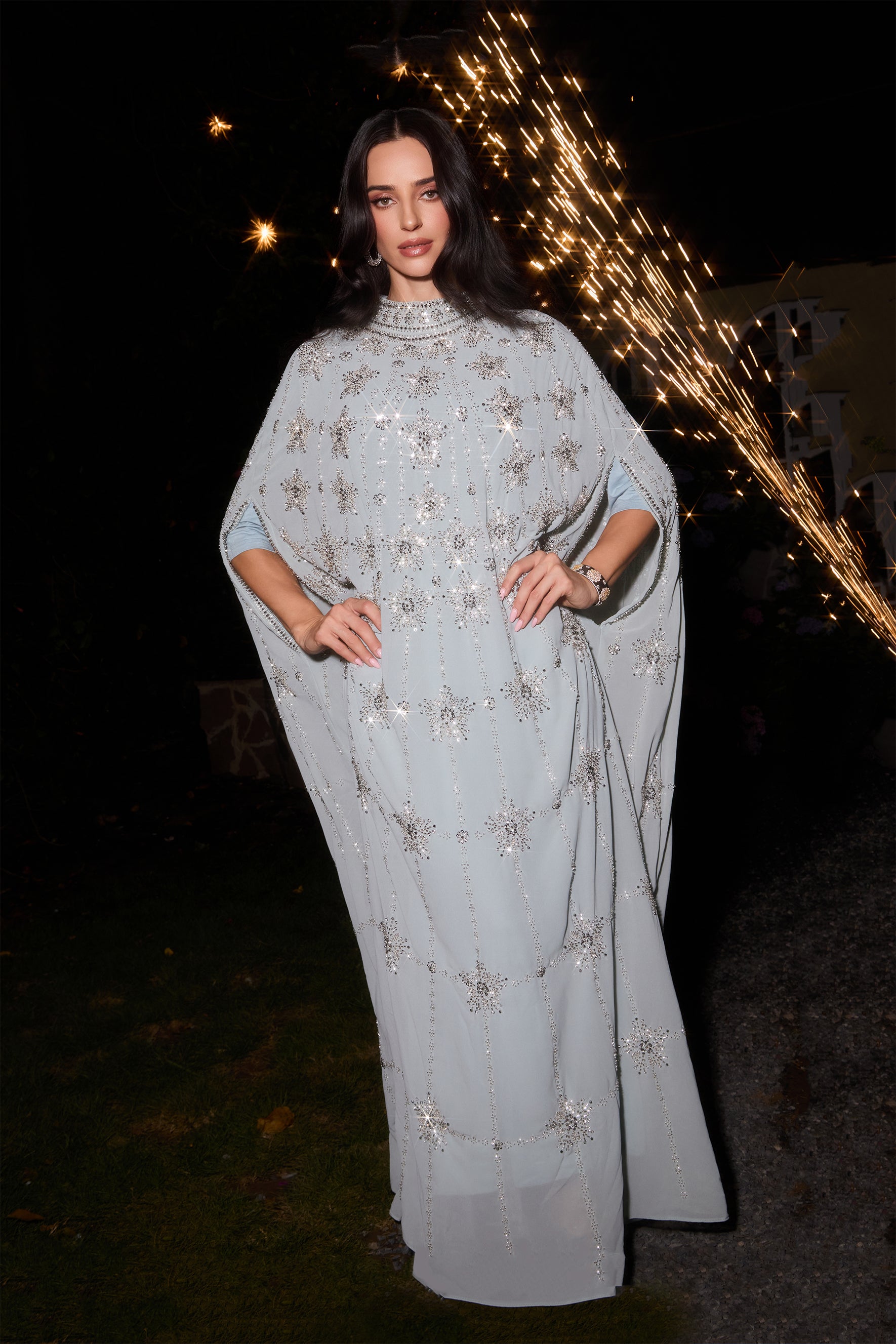 Glowing Charisma Light Blue Sequin Embellished Cape Maxi Dress