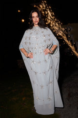Glowing Charisma Light Blue Sequin Embellished Cape Maxi Dress