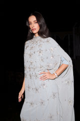 Glowing Charisma Light Blue Sequin Embellished Cape Maxi Dress