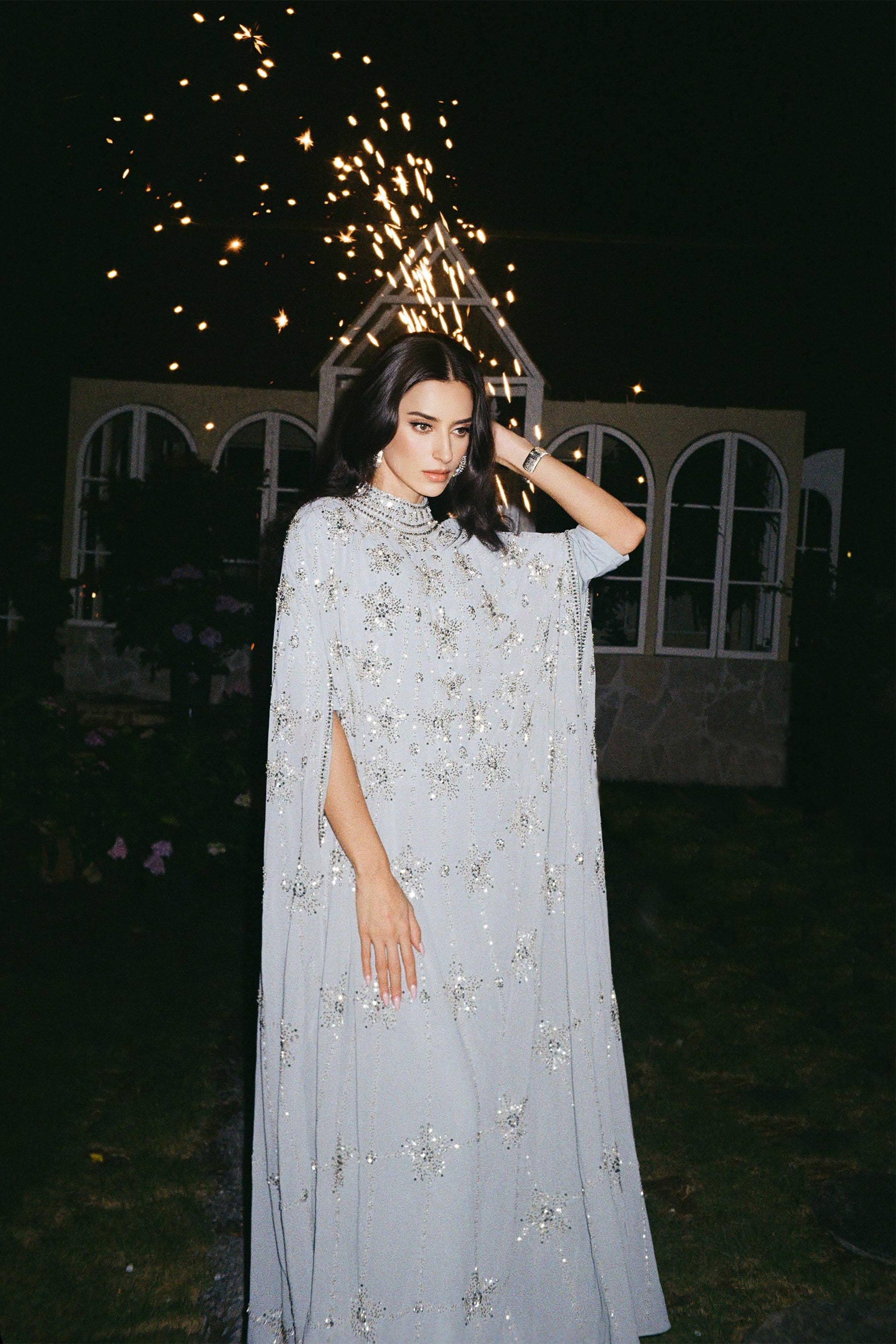 Glowing Charisma Light Blue Sequin Embellished Cape Maxi Dress