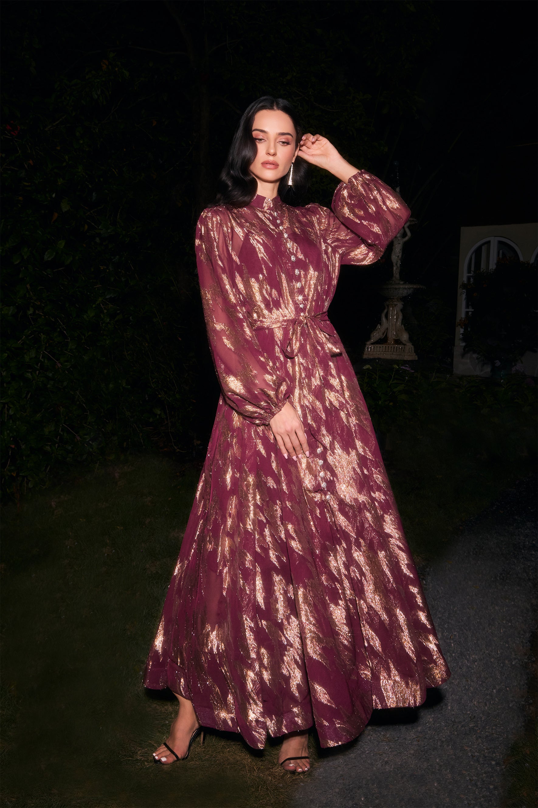 Aitana Metallic Print Puff Sleeve Maxi Dress